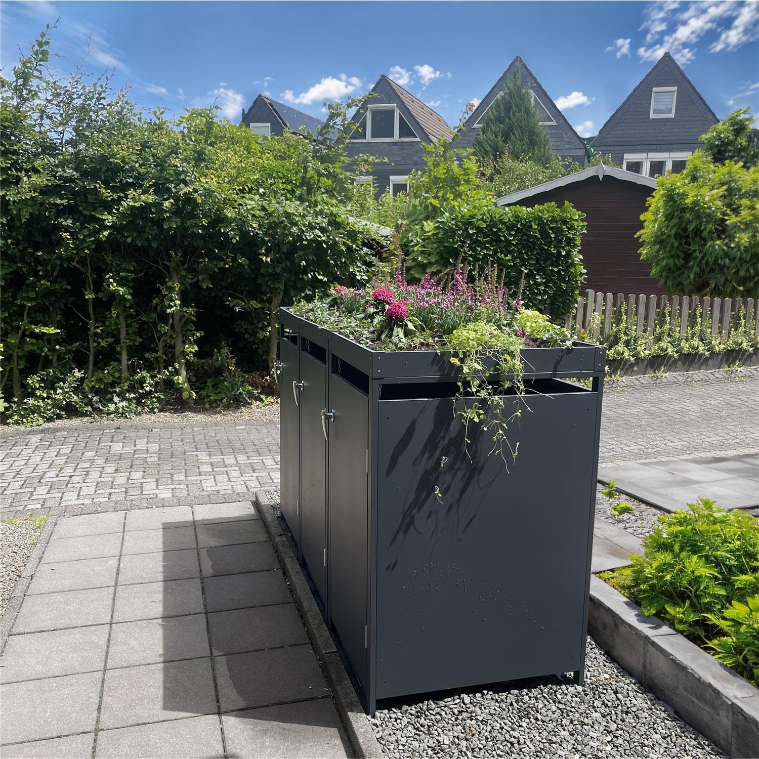 Metzler Mülltonnenbox in Anthrazit mit Pflanzdach 3er 240L, Mülltonnenverkleidung 3 Tonnen, witterungsbeständiger und pulverbeschichteter Stahl mit Automatikdeckel, abschließbar, Garten- und Müllbox