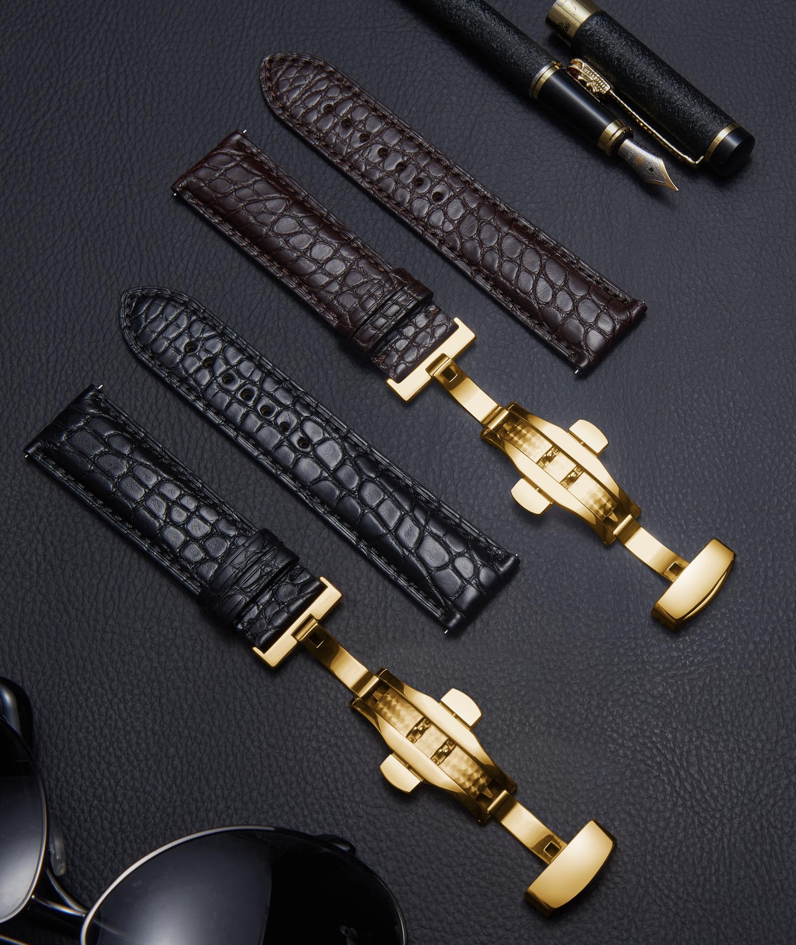 BINLUN Correa Reloj de Cuero Correas Piel de Cocodrilo Relieve para Hombre Mujer 18 mm 19 mm 20 mm 21 mm 22 mm Hebilla Plegable de Liberación Rápida Moda Clásica Artesanal