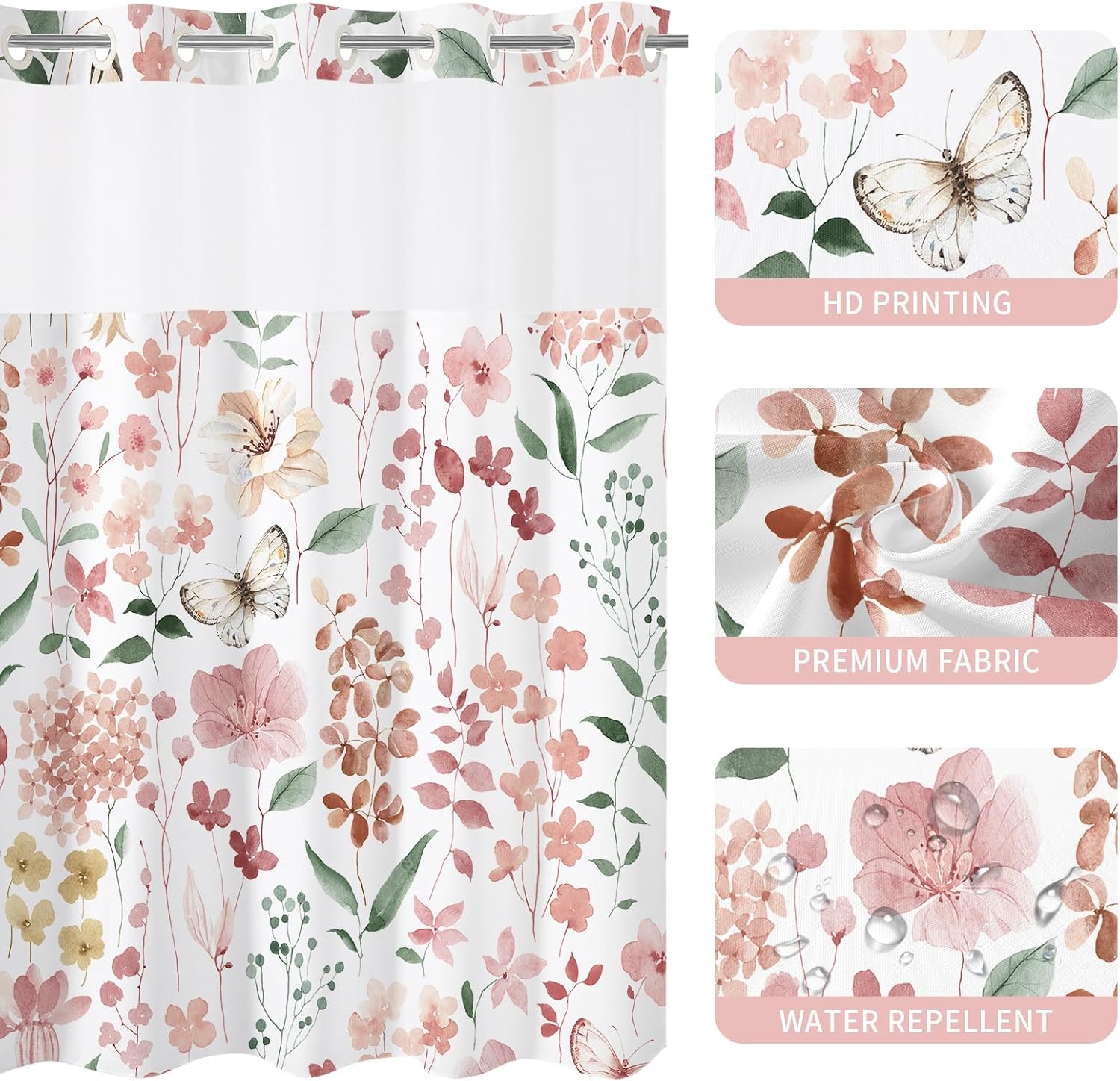 Litabel No Hook Pink Watercolor Floral Shower Curtain and Liner Set, Spring Flower Shower Curtains with Snap in Liner for Farmhouse Bathroom Decor, Botanical Bathroom Curtain with Leaves, 72x74