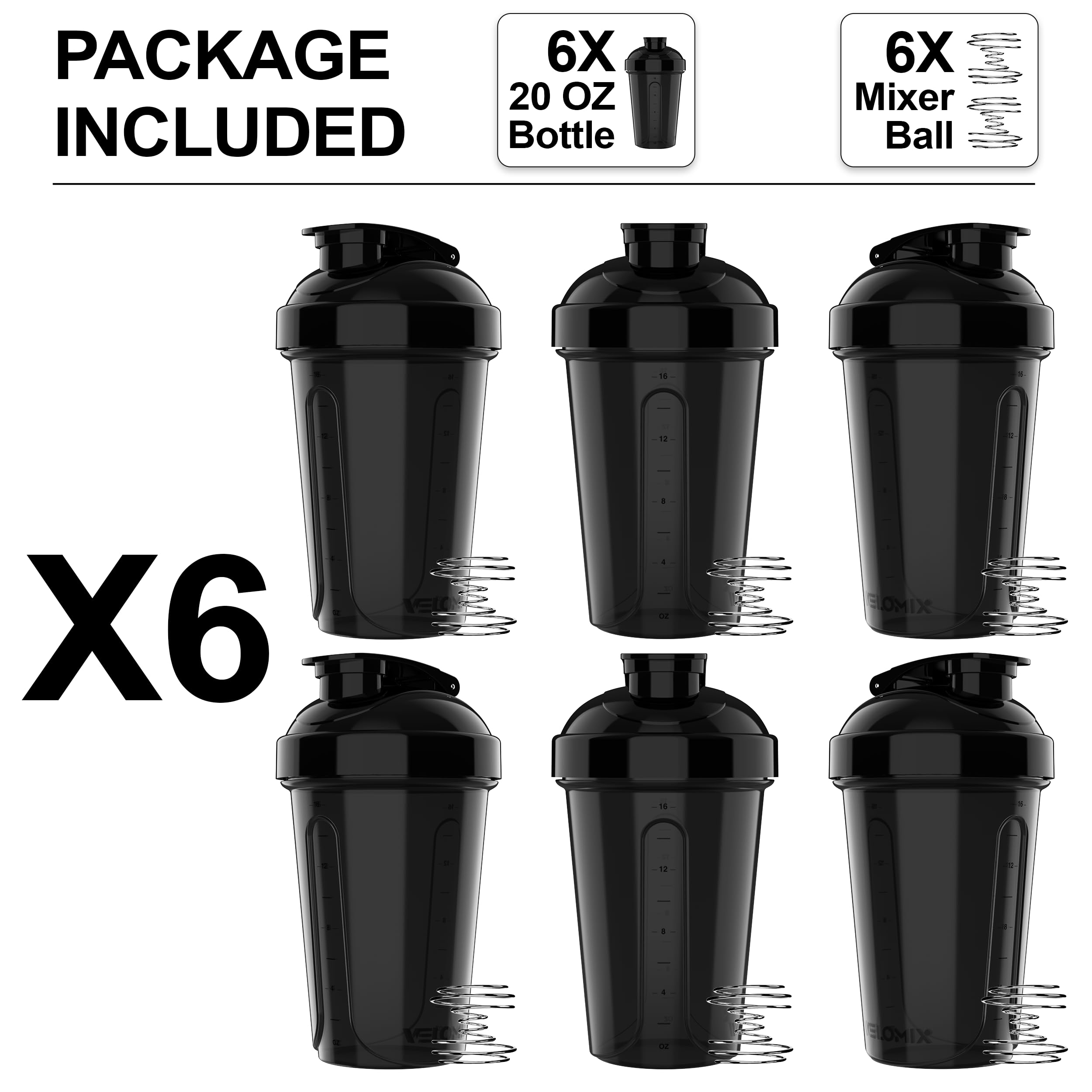 VELOMIX 6 PACK Protein Shaker Bottles for Protein Mixes, 20 OZ Shaker Cups for Protein Shakes