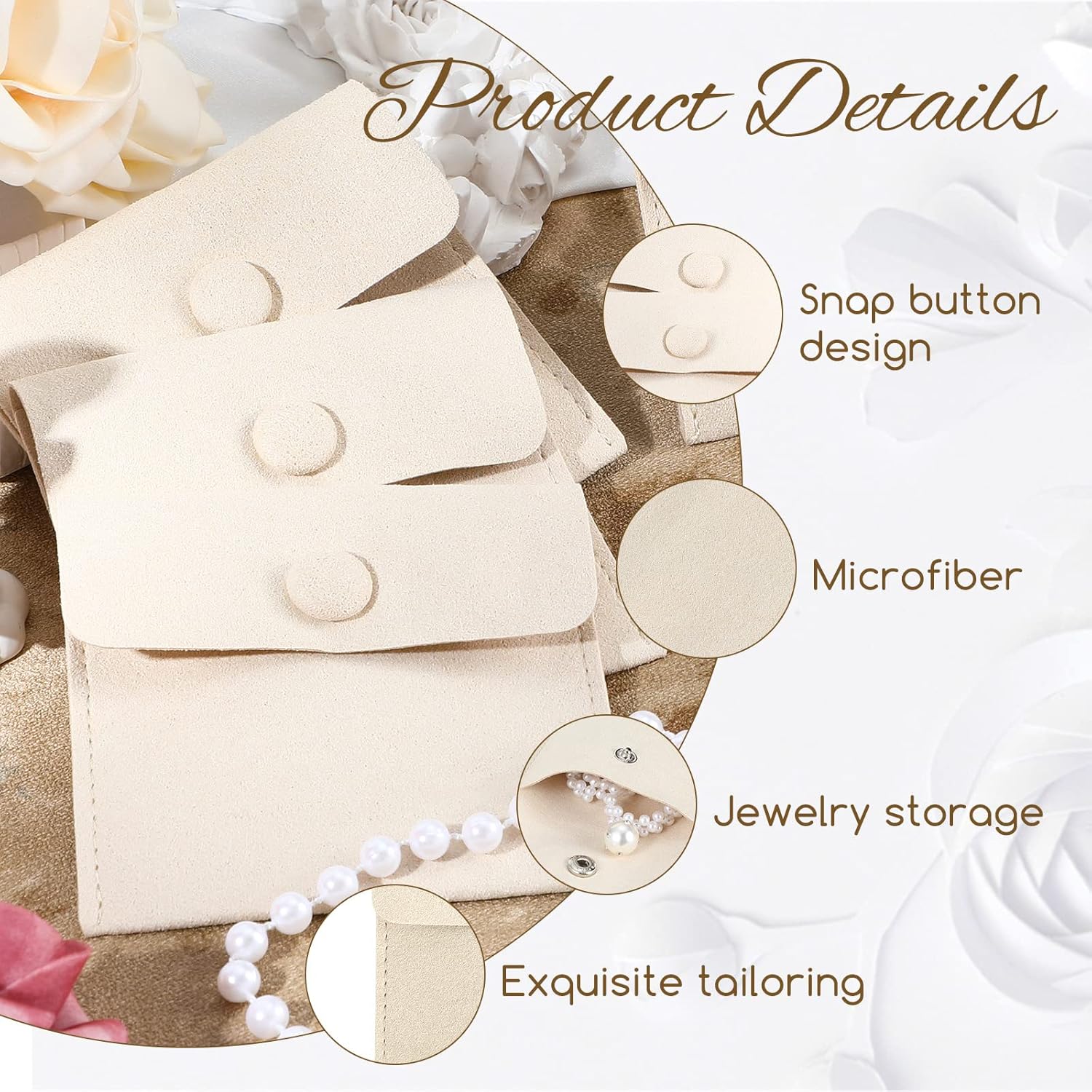Cunno 120 Pack Microfiber Jewelry Pouch with Cleaning Cloth 3.2"x3.2" Jewelry Packaging Bag with Snap Button Bags(Beige)