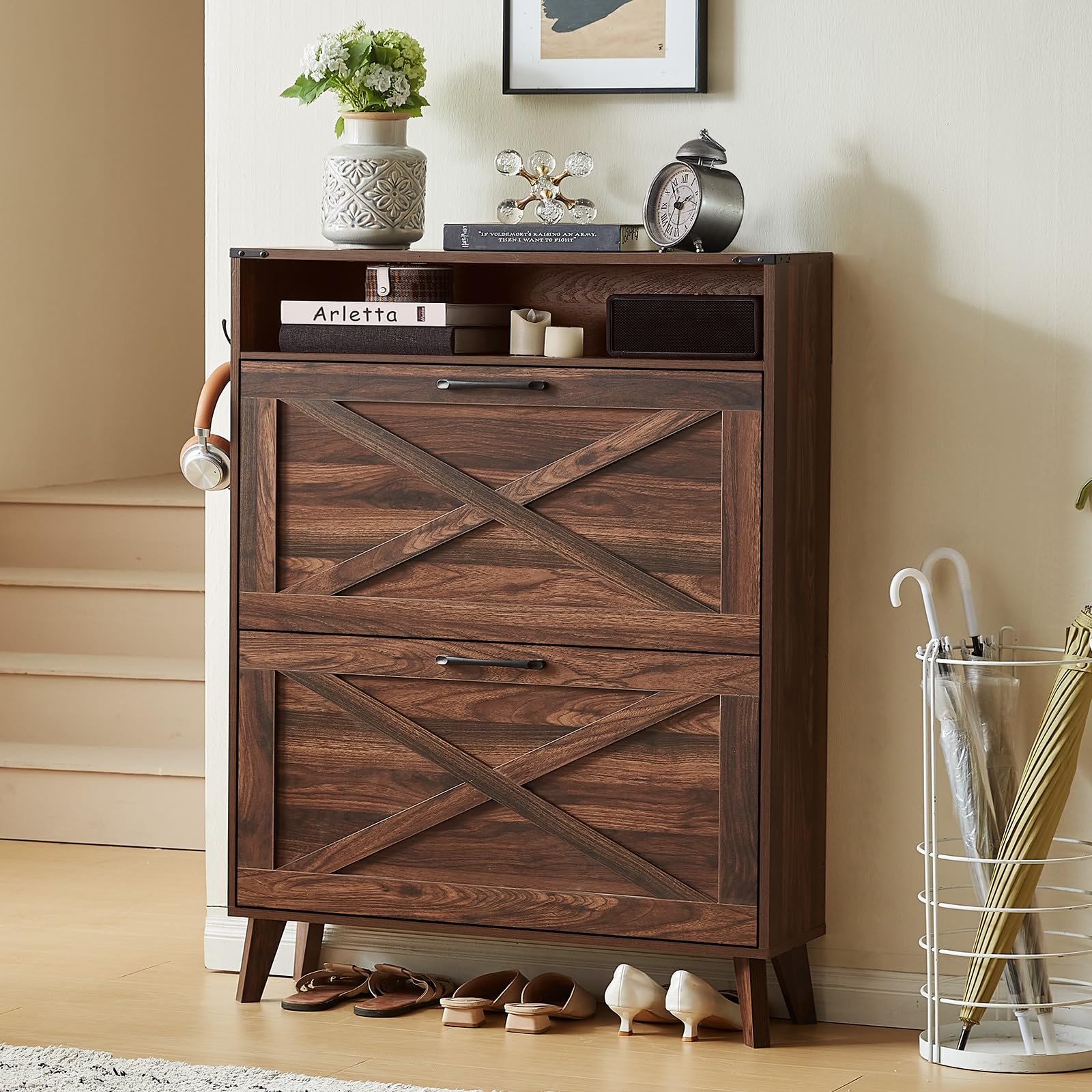 LELELINKY Shoe Storage Cabinet with 2 Flip Drawers,Farmhouse Narrow Shoe Organizer with Legs,Freestanding Hidden Slim Shoe Rack Cabinet with Open Storage for Entryway,Hallway, Foyer, Rustic Brown