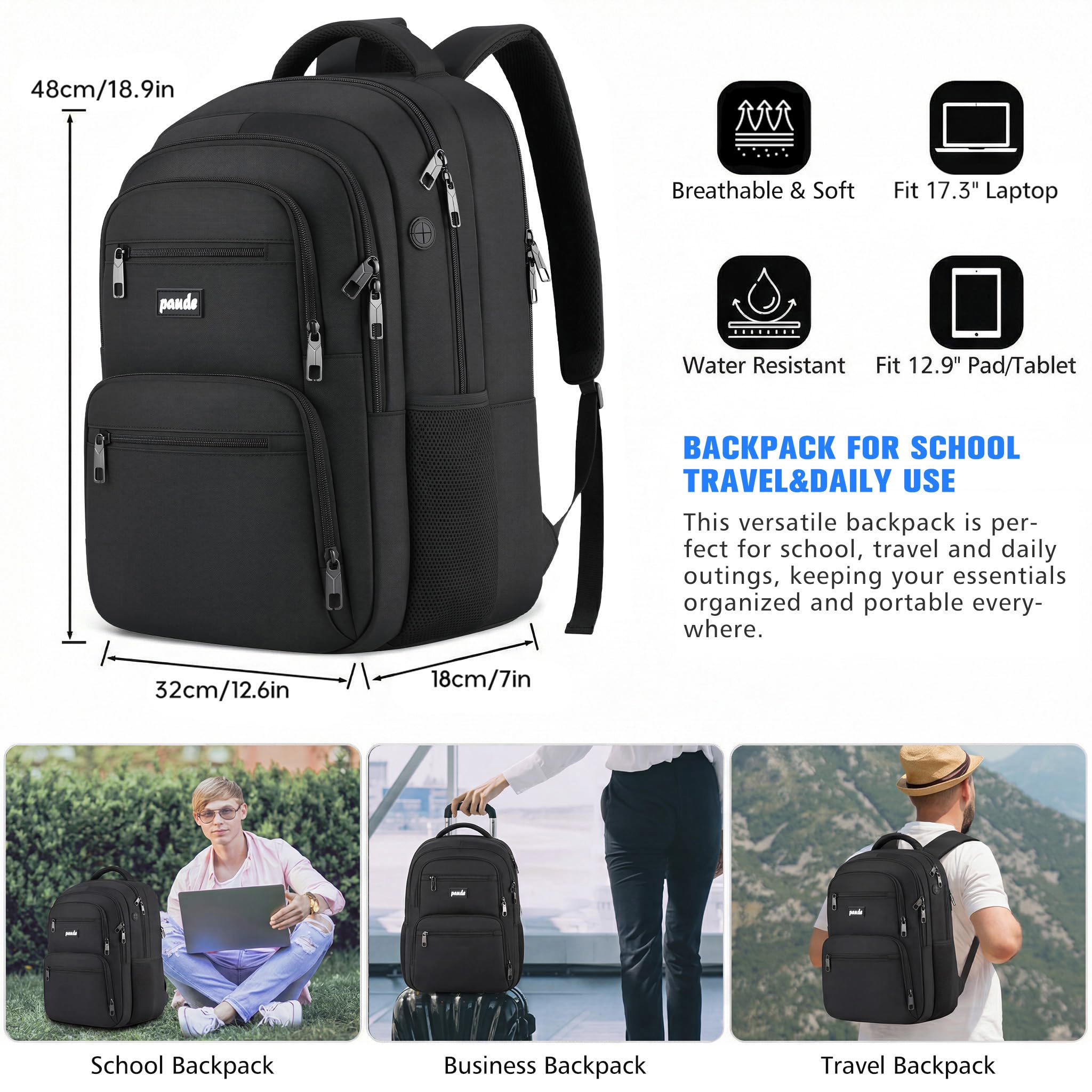 Sac à dos pour ordinateur portable Paude, 43,9 cm, grand cartable pour lycéens et étudiants universitaires, sac à dos noir pour hommes, bureau, affaires, imperméable