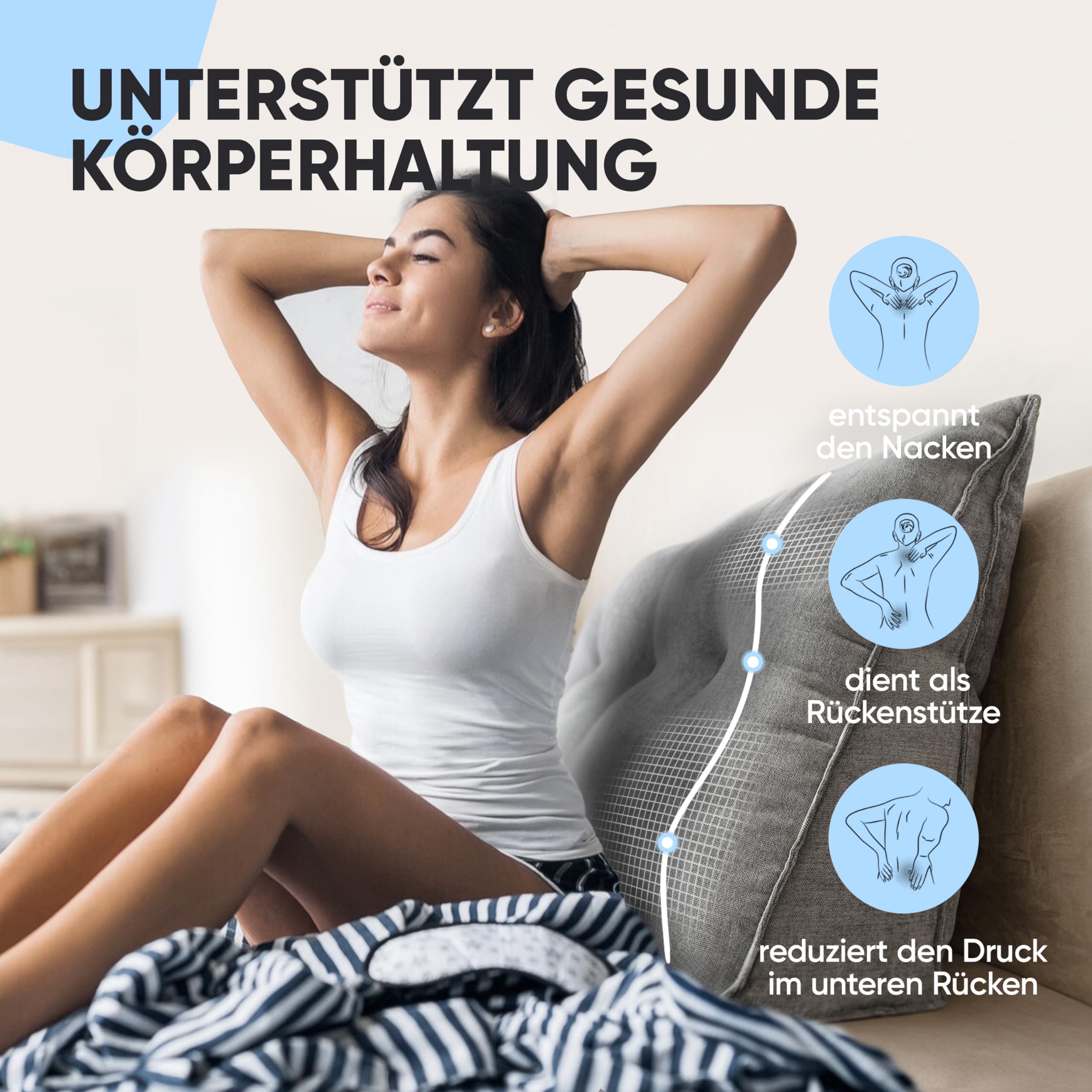 Björn&Schiller Rückenkissen - Lesekissen für Bett und Sofa, Keilkissen, Rückenpolster für die Wand, Sitzkissen, Wandkissen, groß mit waschbarem Bezug (Grau, 140 cm)