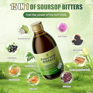 Soursop Bitters Liquid with Black Seed, Turmeric & Moringa-Pure 15 in 1 Herb Soursop Tea for Immune System, Digestive & Gut Health, Antioxidant,Skin Health Support 8 fl oz