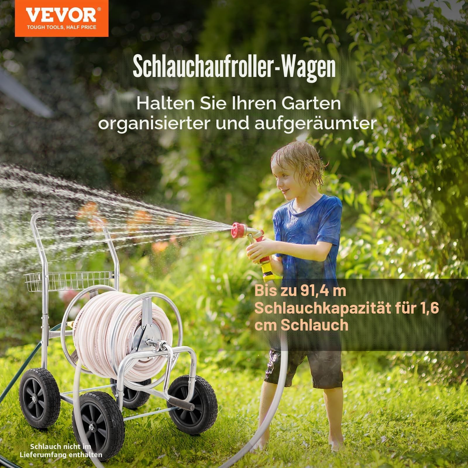 VEVOR Schlauchtrommelwagen, 1,5 cm x 91 m fasst bis zu -Schlauch, mobile Werkzeuge mit 4 Rädern, robuster, pulverbeschichteter Stahl im Freien mit Aufbewahrungskorb, für Garten, Hof, Rasen
