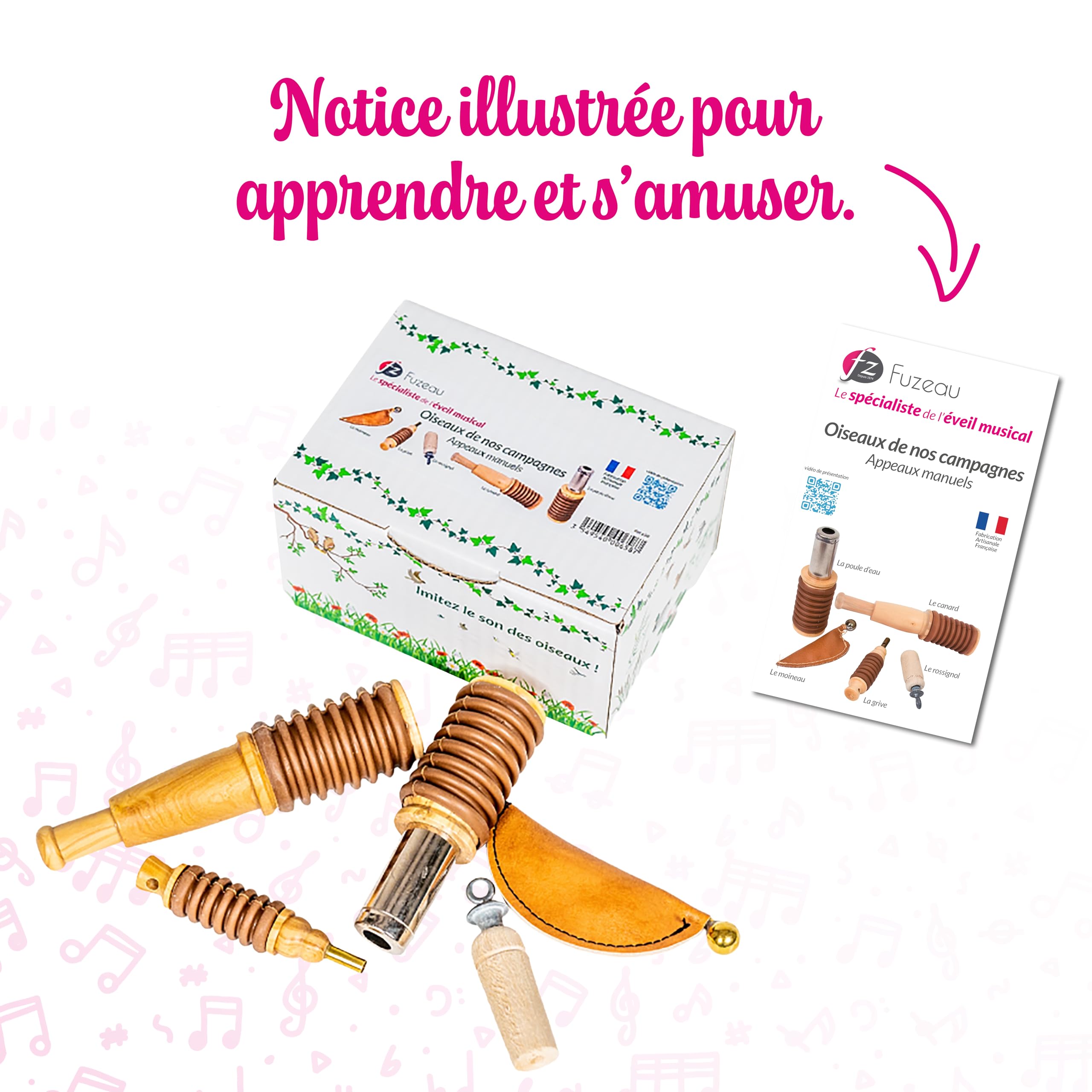 Fuzeau Coffret 5 Appeaux Manuels Bois Naturel Buis Hêtre Vernis Alimentaire Sons d’Oiseaux Poule d’Eau Grive Moineau Rossignol Canard