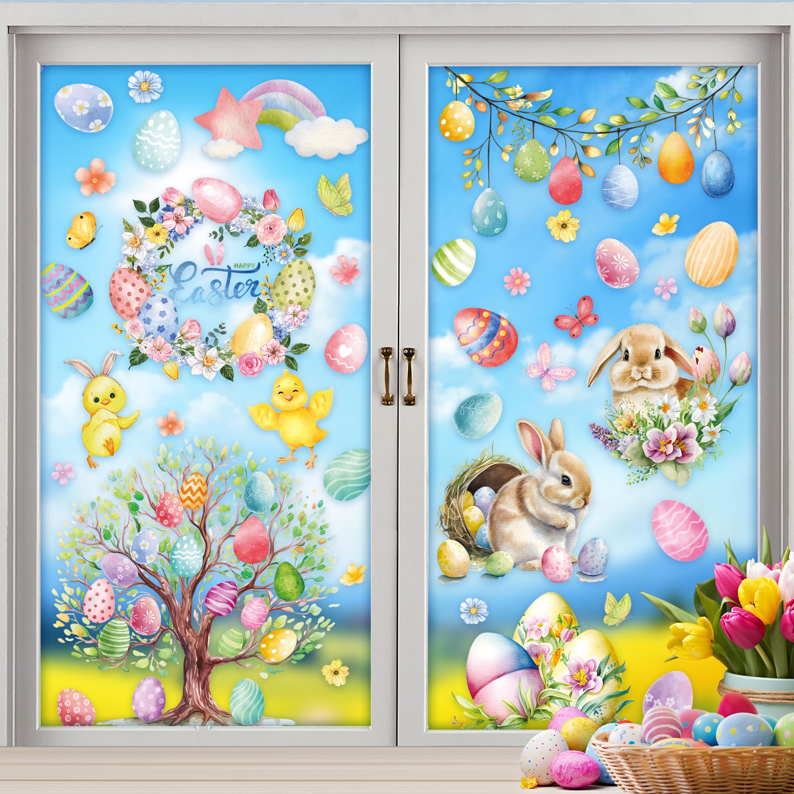 Clabby Ostern Fensterbilder – 9 Blätter Doppelseitige Aufkleber – Happy Easter Mit Hasen, Eiern & Küken – Für Glas & Mehr