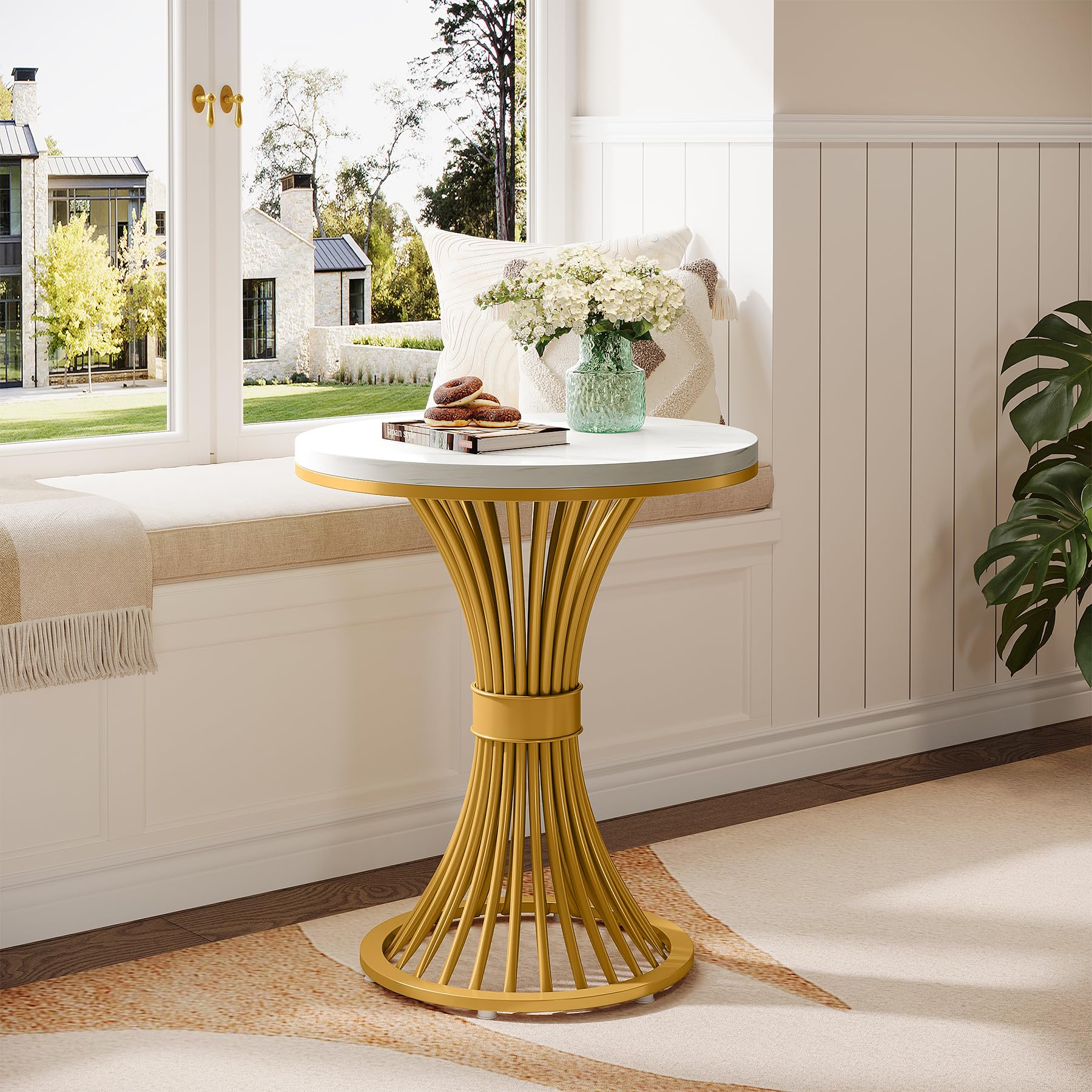 Tribesigns Round End Table, Modern Faux Marble Side Table with Gold Metal Base, Small White Gold Bedside Nightstand, Wooden Accent Table for Living Room, Bedroom, Sofa Side, White & Gold