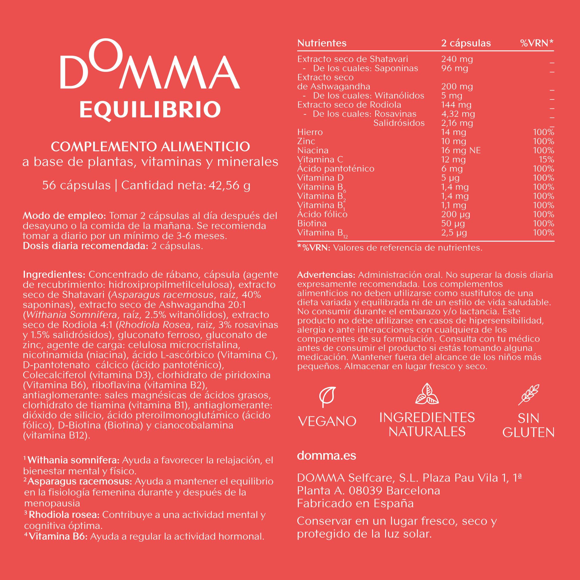 DOMMA Equilibrio Menopausia, Sofocos, Cansancio y Bienestar, 56 Cápsulas | Multivitamínico Mujer, Ashwagandha, Rhodiola, Shatavari, 12 Vitaminas y Minerales, Natural, Vegano, Sin Gluten