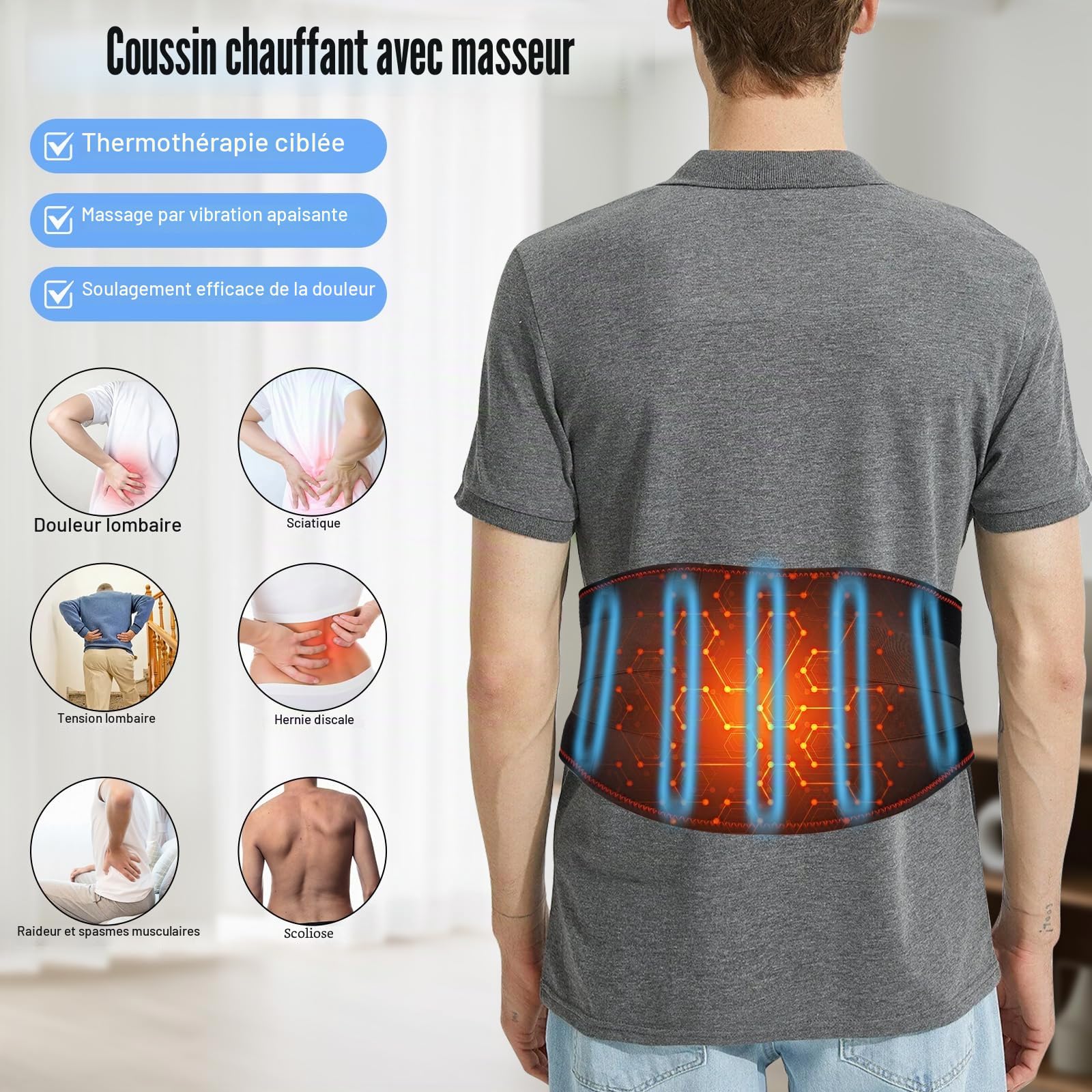 Ceinture Chauffante Lombaire avec 3 Modes de Massage et 3 Niveaux de Température, Timer pour Soulager les Douleurs Lombaires et Abdominales