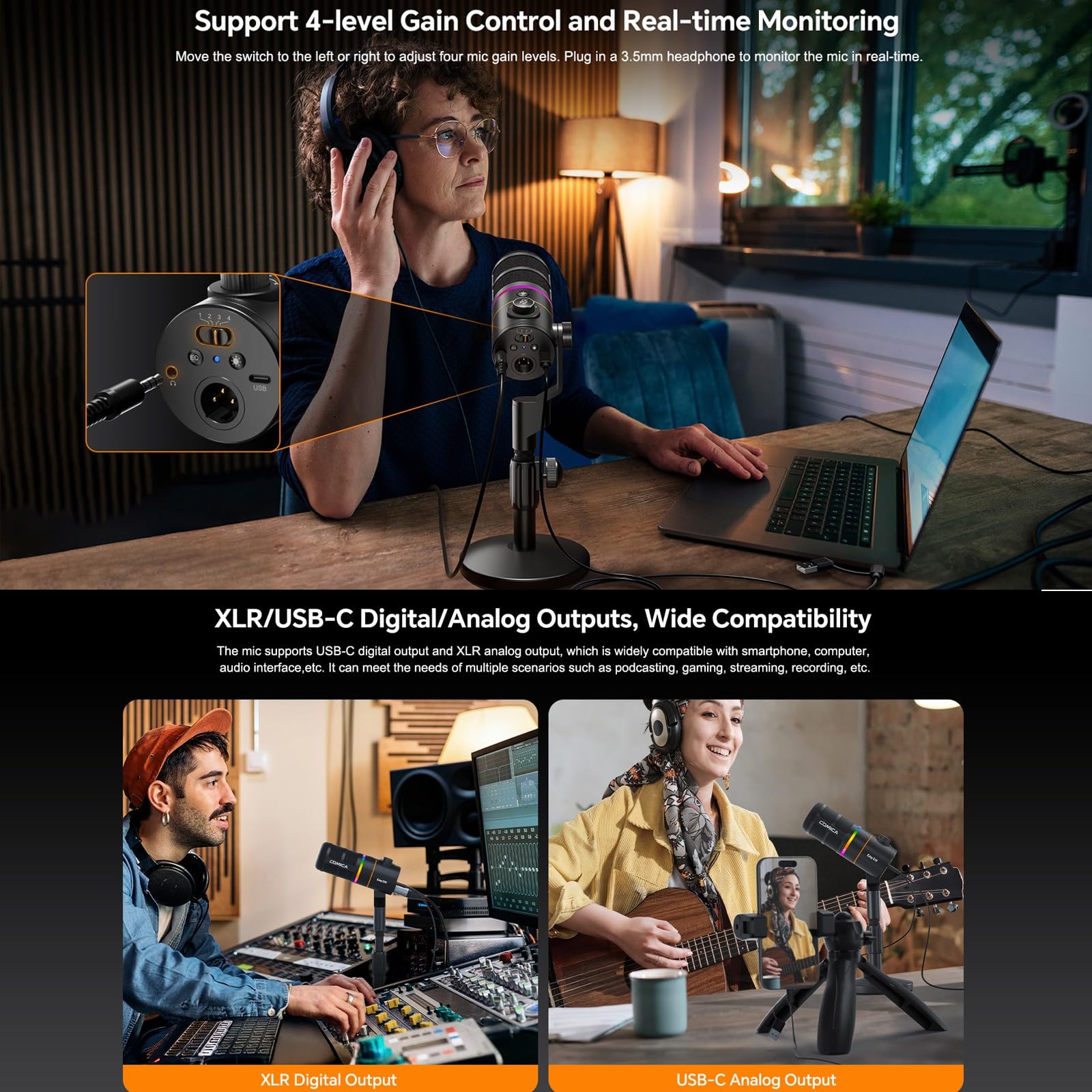COMICA EJoy D10 A XLR USB Micrófono Dinámico con Brazo Articulado para Videojuegos, Streaming en Vivo, TikTok y Grabación de Podcasts, Incluye Luz RGB y Botón de Silencio para PC, Smartphone