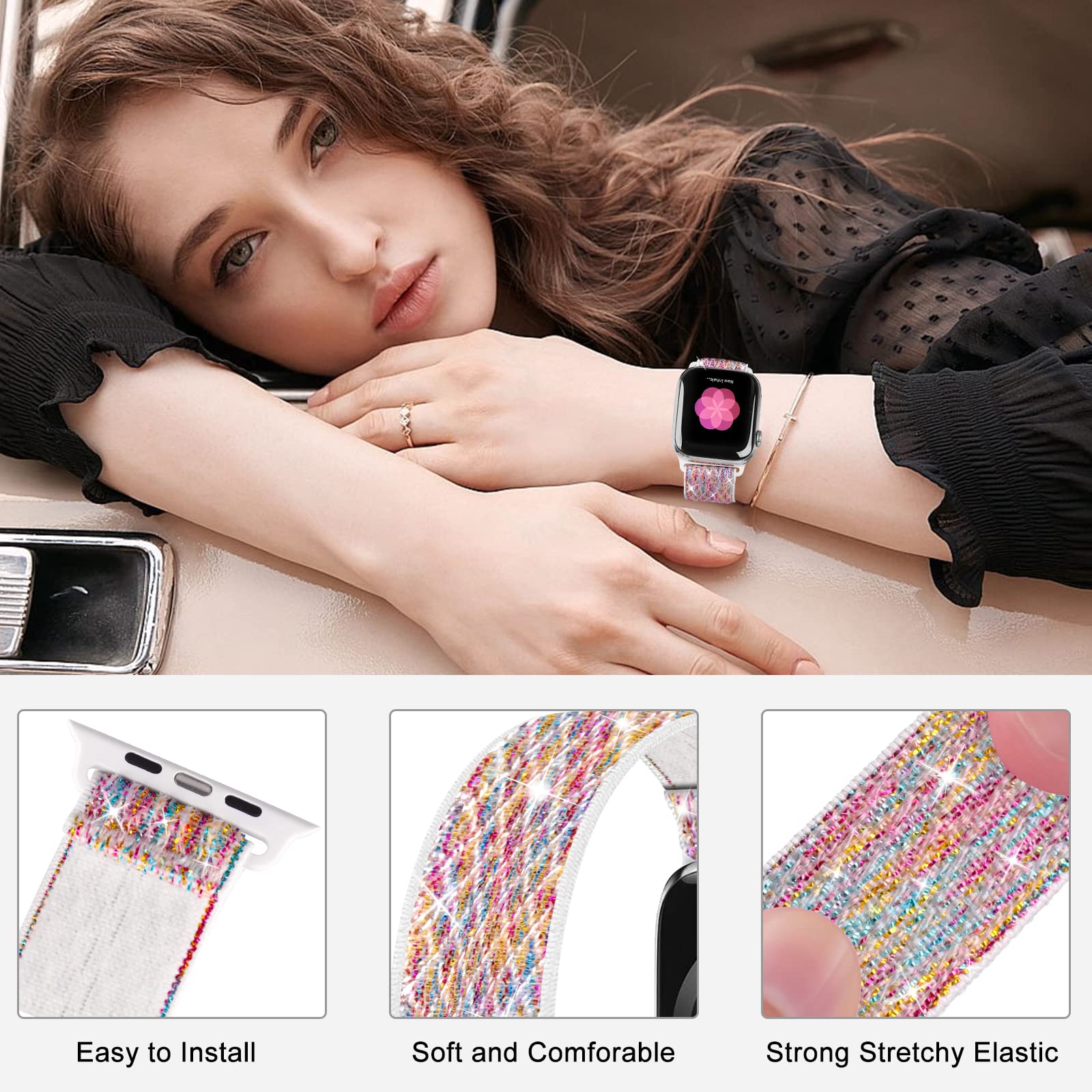 Bracelet élastique tressé Solo Loop compatible avec Apple Watch Band 38 mm, 40 mm, 42 mm, 44 mm, 44 mm, bracelet de sport élastique pour homme et femme, sans fermoir
