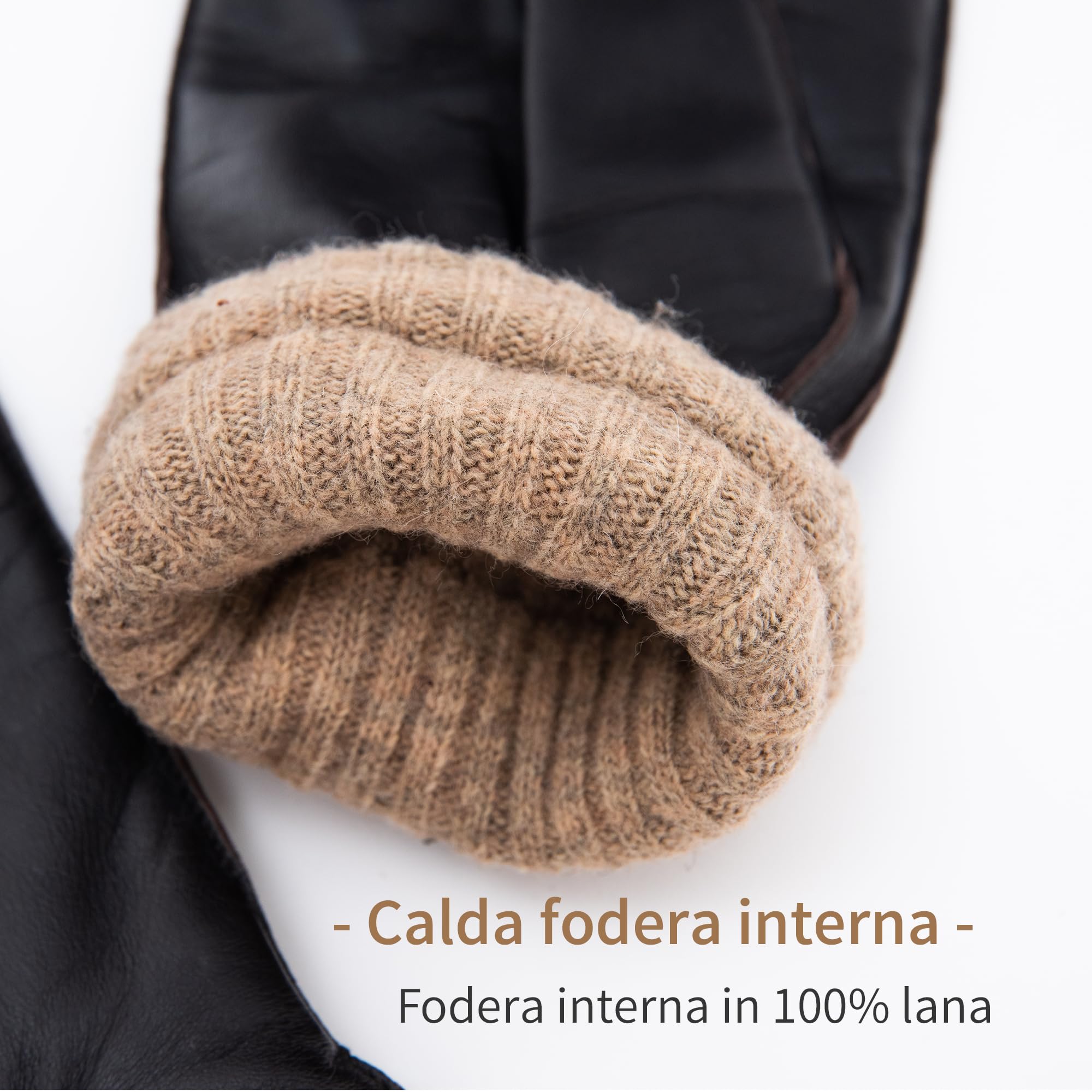 Guanti in pelle nera da uomo - Taglie: 9 e 9,5 - Guanti caldi in pelle di alta qualità con fodera in lana - con funzione touch smartphone