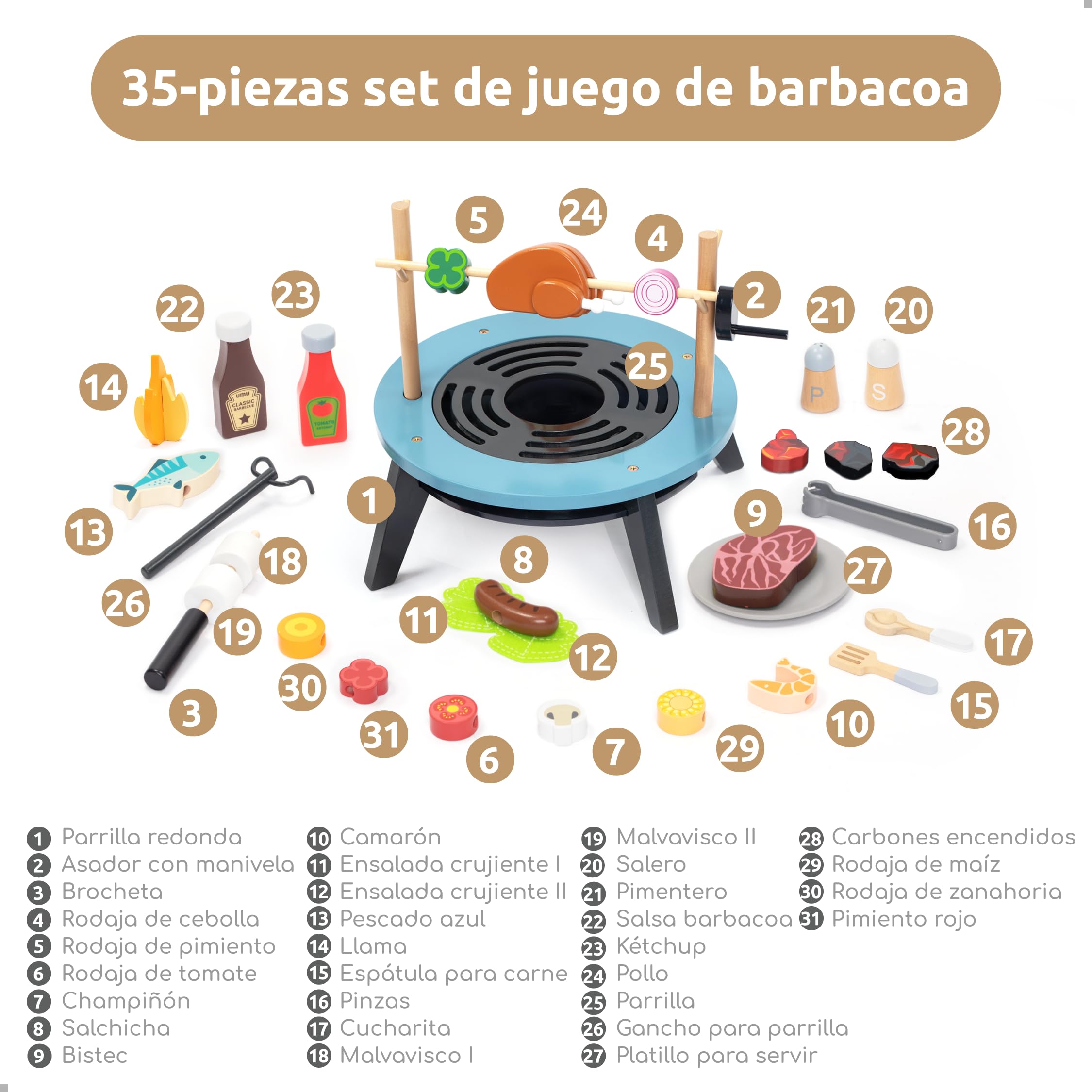 UMU® Juego de barbacoa de madera para niños – Juego de barbacoa de 45 piezas con barbacoa, carne, verduras, pescado, malvavisco y accesorios, juego de rol, juguete de cocina a partir de 3 años