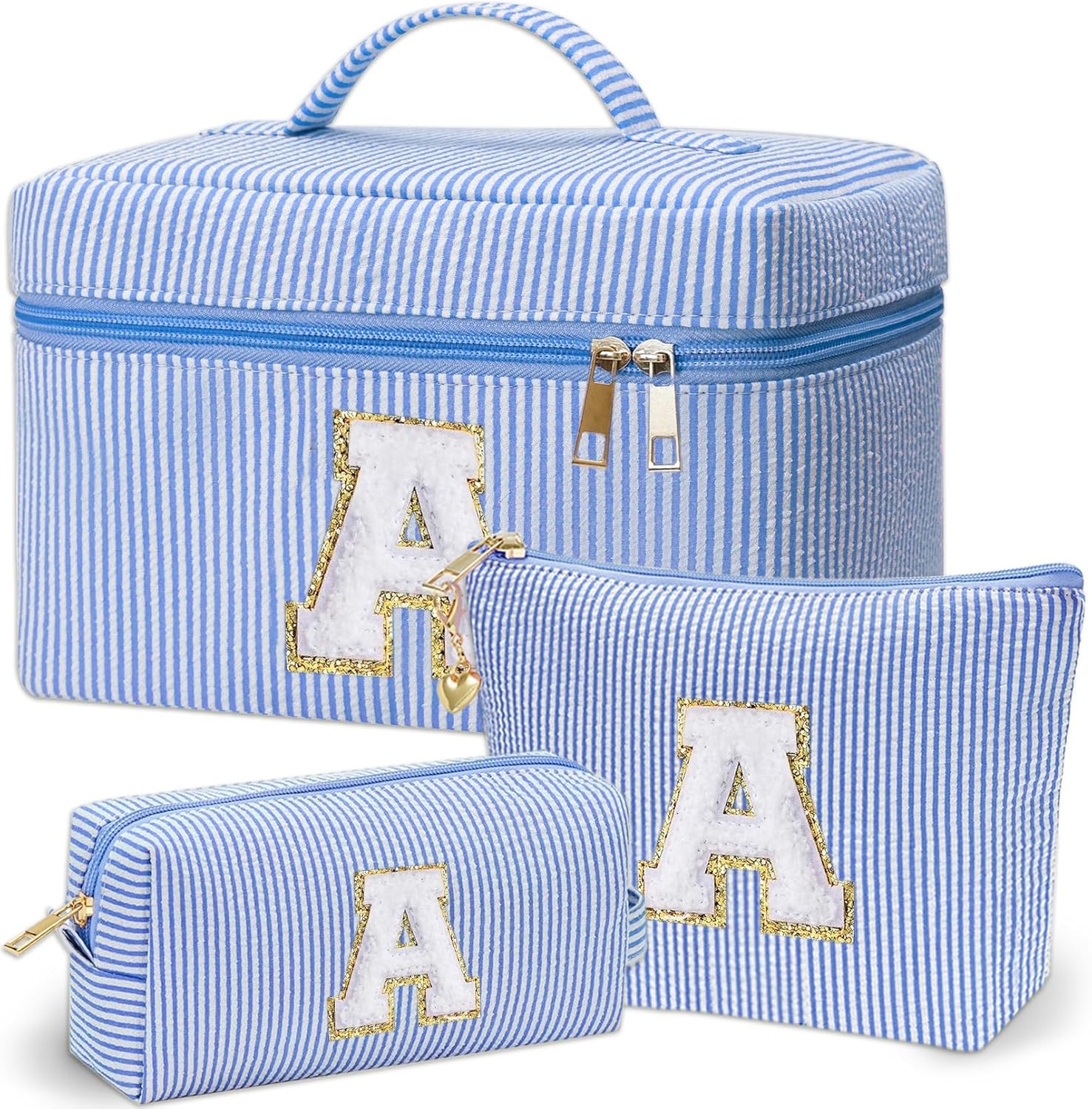 Personalized Monogram Makeup Bag, 3PCS Custom Monogrammed Toiletry Cosmetic Bag for 6-18 Teen Girls Women,Birthday Graduation Gifts Initial Pouch Makeup Bags for Women Girls, Make Up Bag (A, Blue)