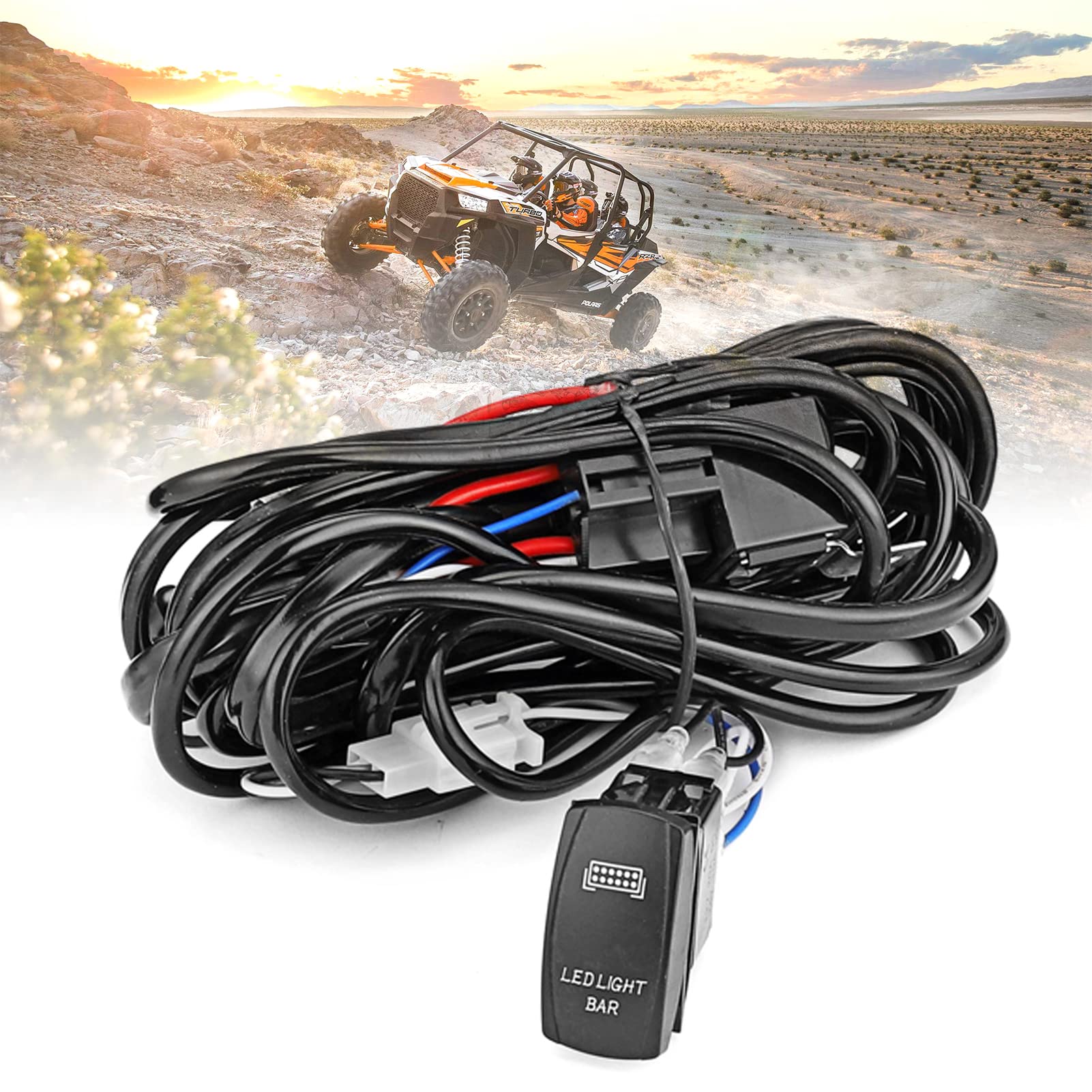 Mofun Universal 2 Lead LED Light Bar Wiring Harness Kit Rocker Switch Blue Relay On Off Fuse Compatible with Polaris SUV ATV UTV Truck Wrangler