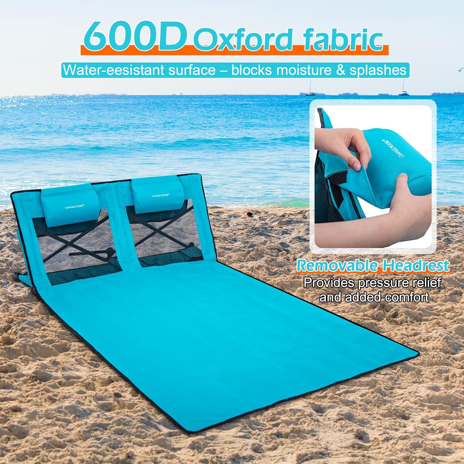 CHANGEMOORE Beach Mat Lounge Chair for Adults Foldable, Max 110Kg Lounge Mat with Back Support, 600D Oxford 72''x42'' Widen Beach Seat with Removable Headrest & Storage Bag for Garden Holidays Camping
