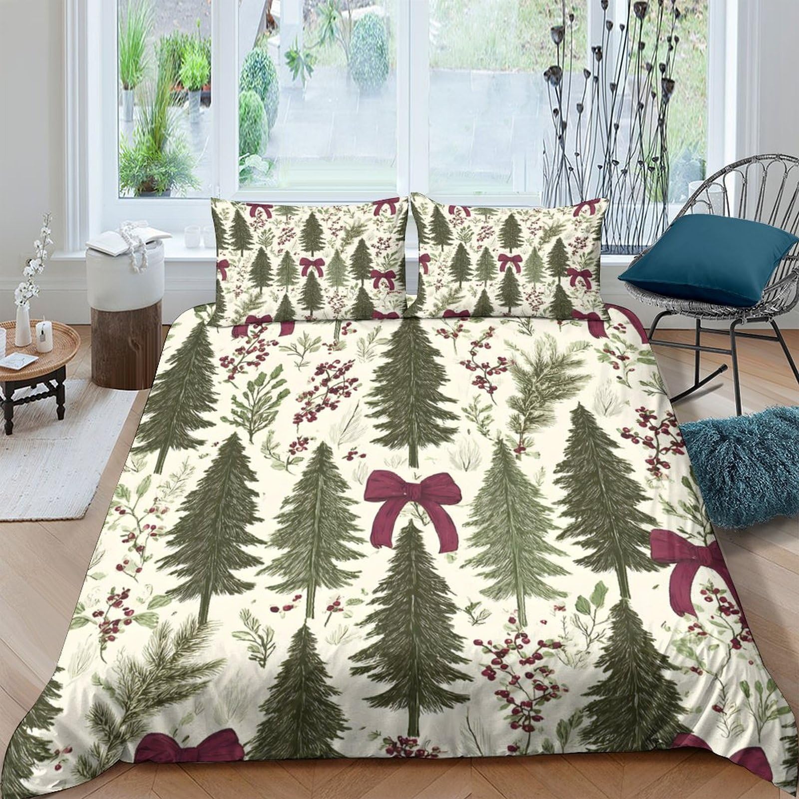 Ctjqhvkz Style-10 3D Printed Christmas Pine Tree Fitted Sheet Microfiber Soft Red Bow Bed Cover For Bedroom Guest Room Decor Single（135X200cm）