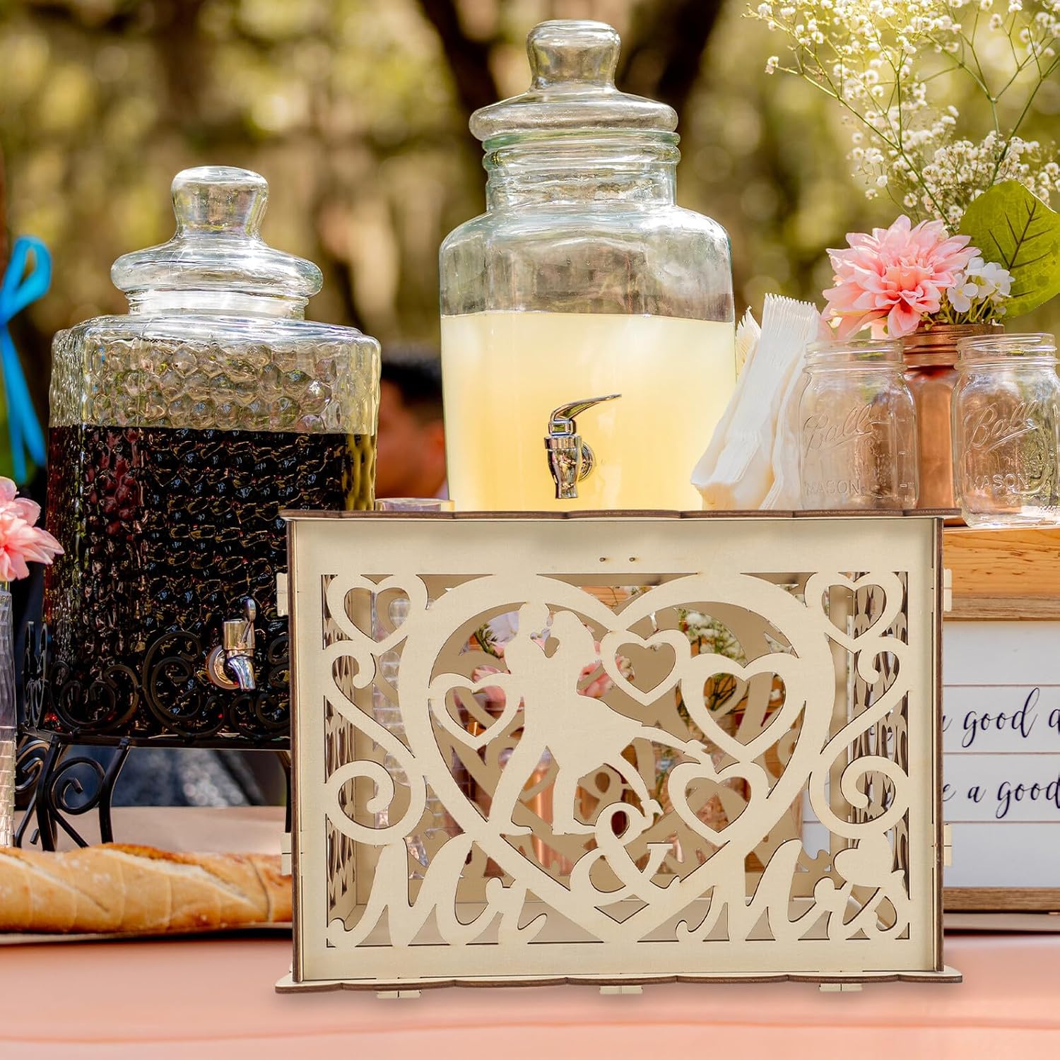 STAHAD Wood Wedding Card Box with Carved Heart Design, Large Money Box for Wedding Reception, Wooden Envelope Holder for Party and Bridal Shower,