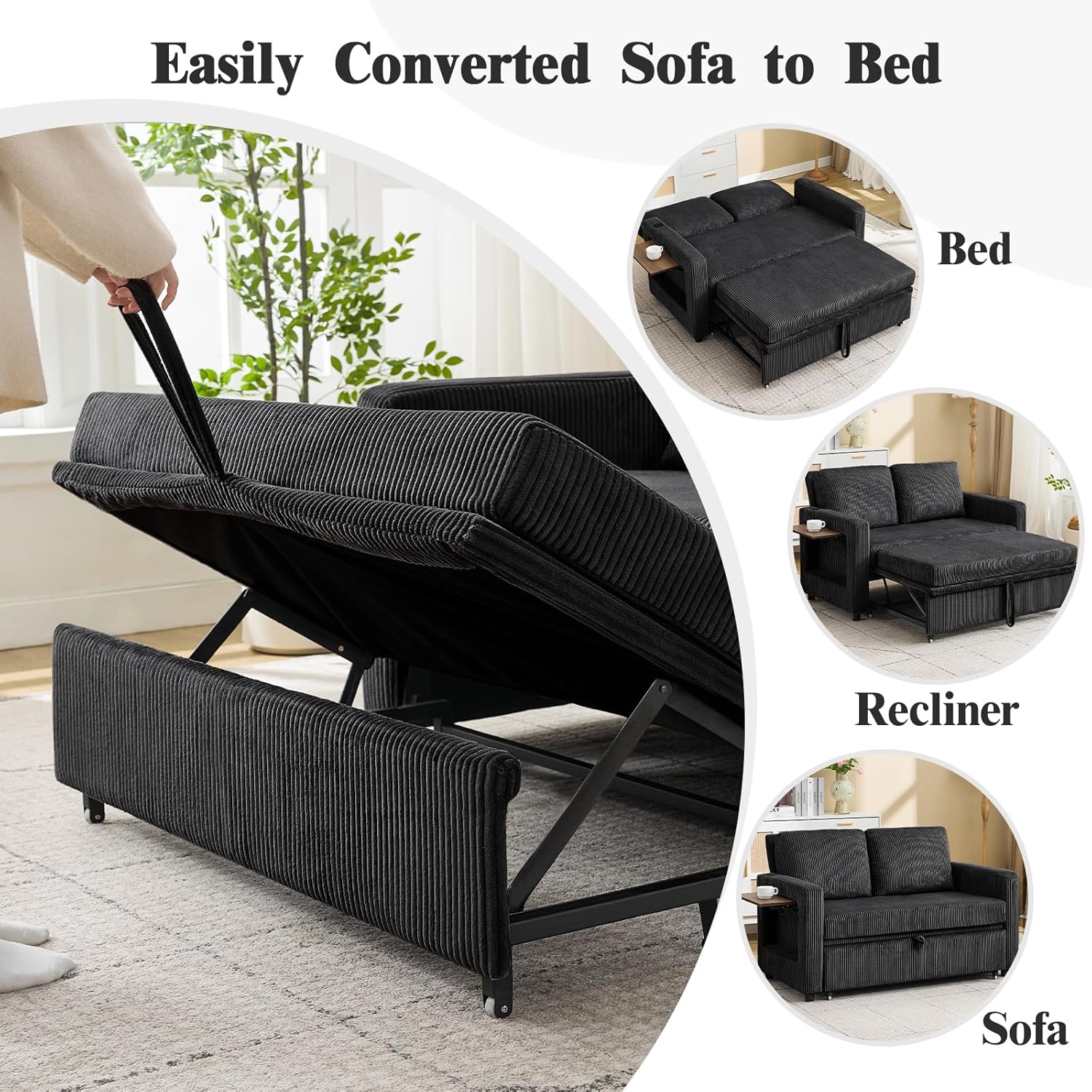 3-in-1 Convertible Sleeper Chair Bed, 52" Corduroy Loveseat Sofa with USB Port, Twin Size Folding Armchair with Wood Side Table & Pocket, Adjustable Backrest for Living Room, Small Spaces, Black