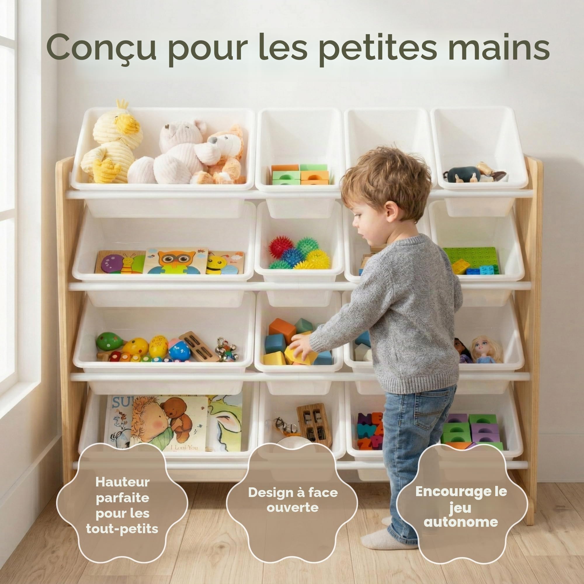 Humble Crew WO166 Étagère pour Enfants - Organisateur de Jouets avec 16 Bacs de Rangement, Naturel/Blanc