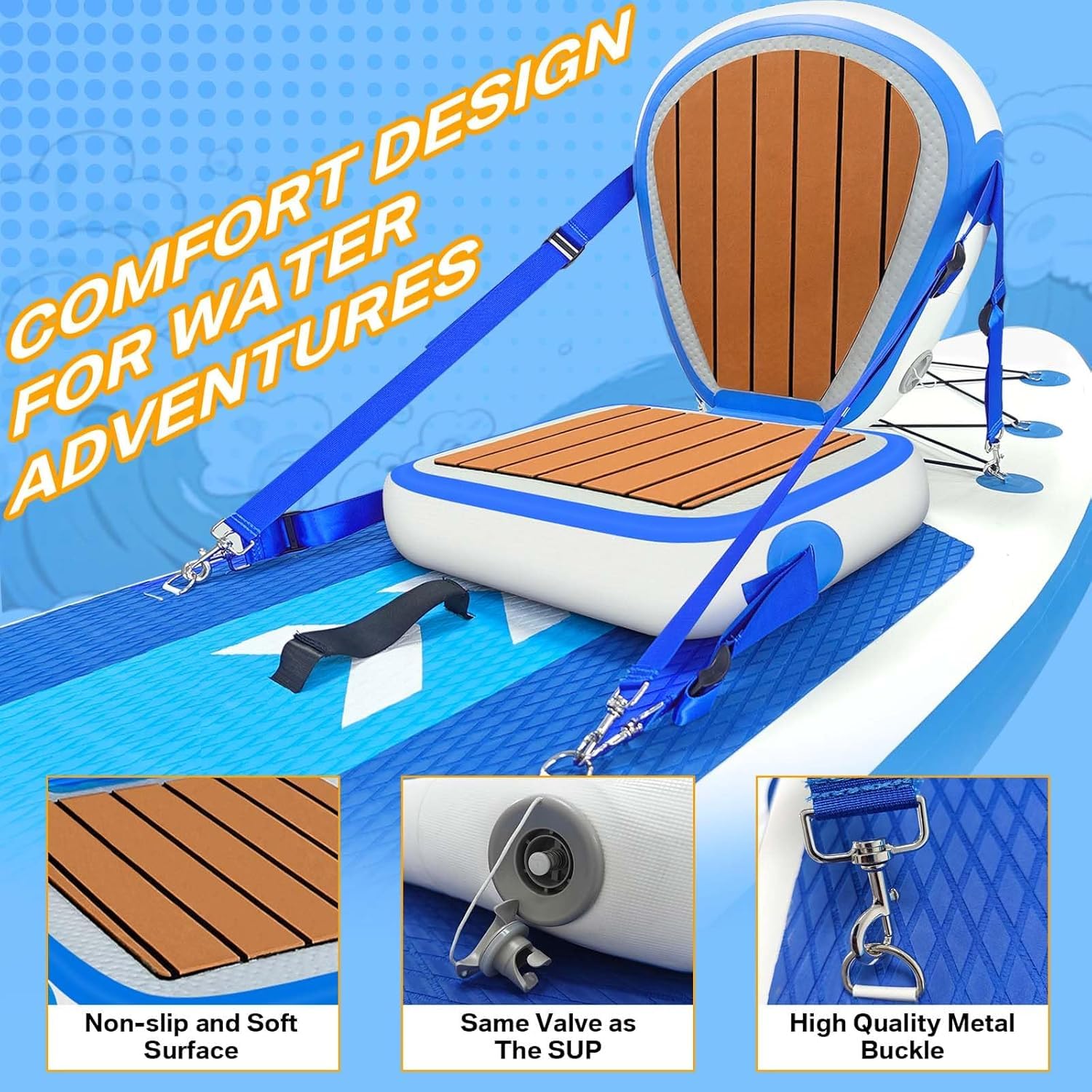 Asiento inflable para kayak con bolsa de malla y soporte para la espalda, 50 x 50 cm, universal, grueso, cojín ajustable, correa ajustable, para kayak, tabla de SUP, canoa, rafting y pesca