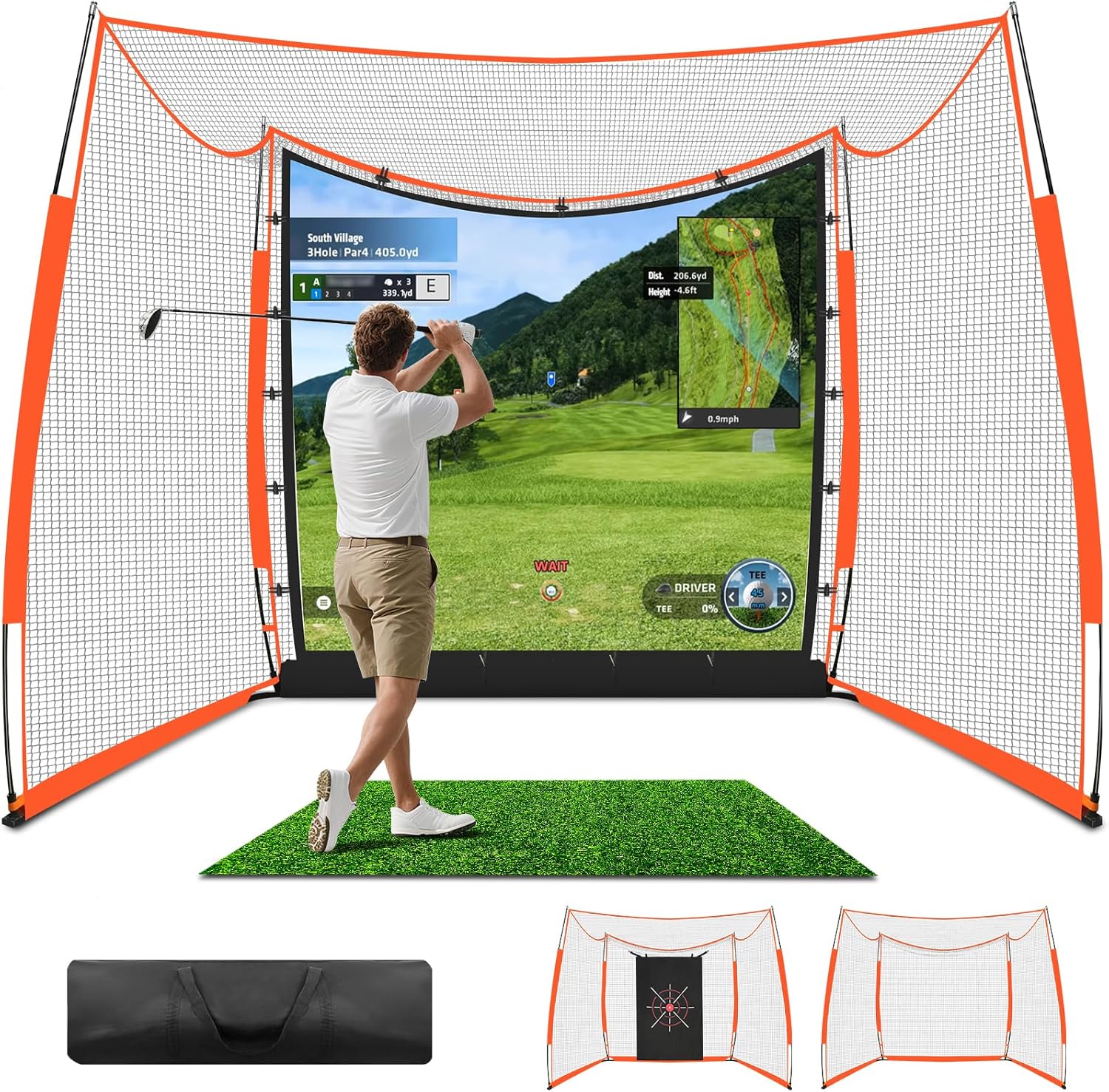 ORIENEGAR Golf Simulator Cage with HD Impact Screen & Target Practice Cloth, 11x8x5 FT, Golf Hitting Net Cage for Indoor Outdoor Home Use, Garage Backyard Practice Cage