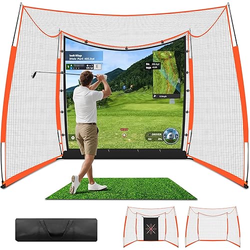 ORIENEGAR Golf Simulator Cage with HD Impact Screen & Target Practice Cloth, 11x8x5 FT, Golf Hitting Net Cage for Indoor Outdoor Home Use, Garage Backyard Practice Cage