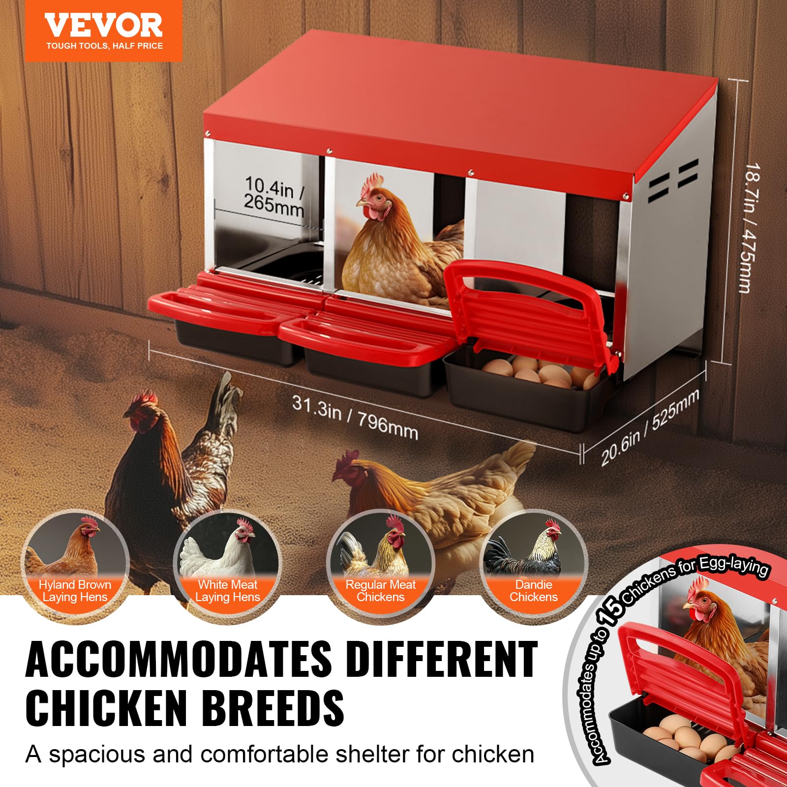 VEVOR Nido per Polli 796 x 525 x 475 mm Nido per Galline a 3 Scomparti, Stabile Resistente alla Corrosione, con Nidi Inclinati, Fori sul Fondo e Piattaforma di Riposo, Adatto a Diverse Razze di Polli