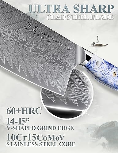 Miniatura 2 de SHANGDAO Cuchillo de chef chino de 7 pulgadas, cuchillo de cocina profesional para verduras, acero de damasco forjado con mango de resina azul y