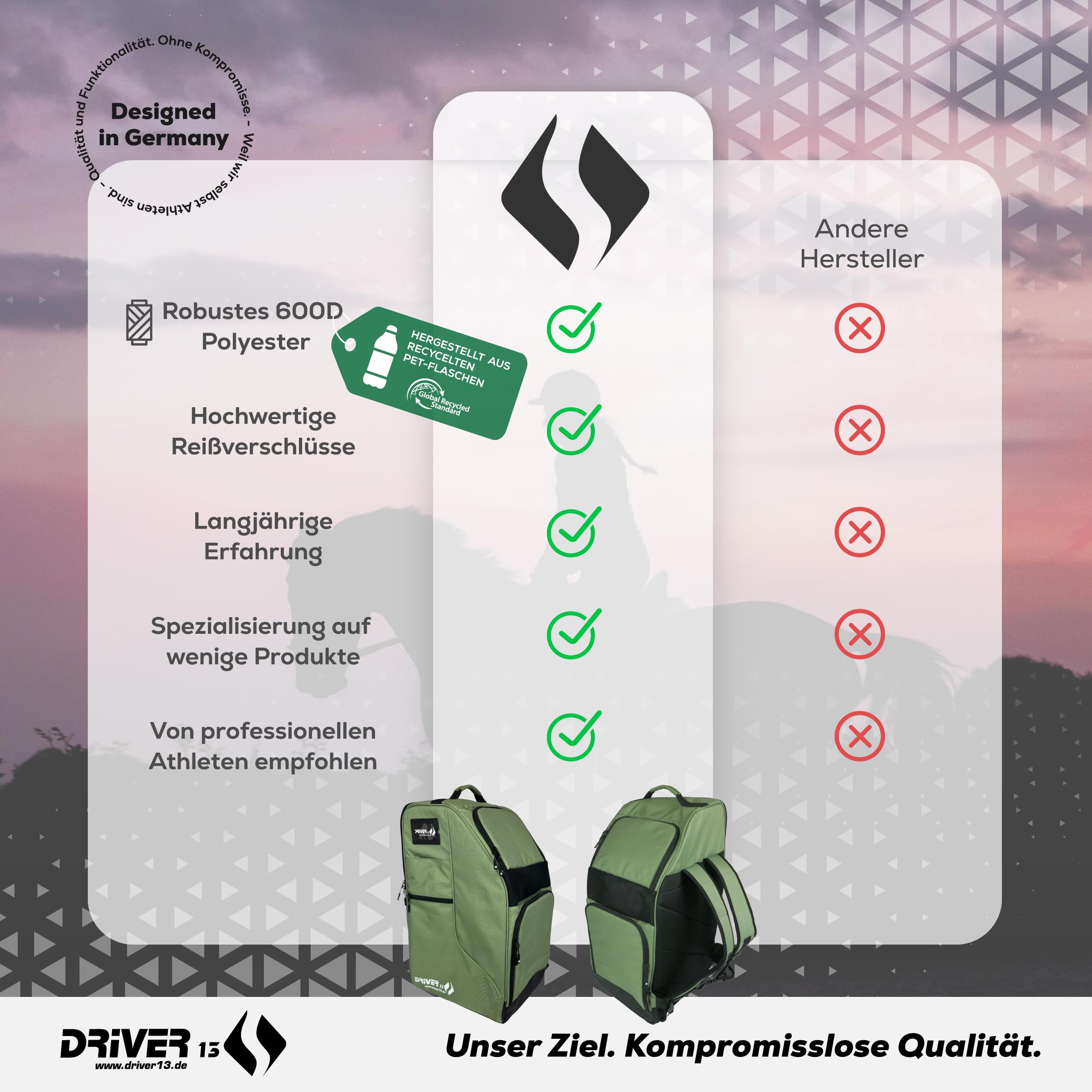 Driver13 Reitstiefelrucksack Deluxe mit Helmfach, Reitstiefeltasche und Stiefeletten Tasche, für Reitstiefel und Zubehör, Farbvarianten
