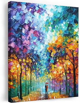 Strolling Couple Framed Wall Art, Rainy Park Street Colorful Trees Romantic Canvas Prints, Stretched Wall Decor Artwork for Living Room Bedroom Office Home, Ready to Hang, Made in USA, 16"x20"
