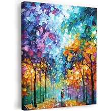 Strolling Couple Framed Wall Art, Rainy Park Street Colorful Trees Romantic Canvas Prints, Stretched Wall Decor Artwork for Living Room Bedroom Office Home, Ready to Hang, Made in USA, 16"x20"