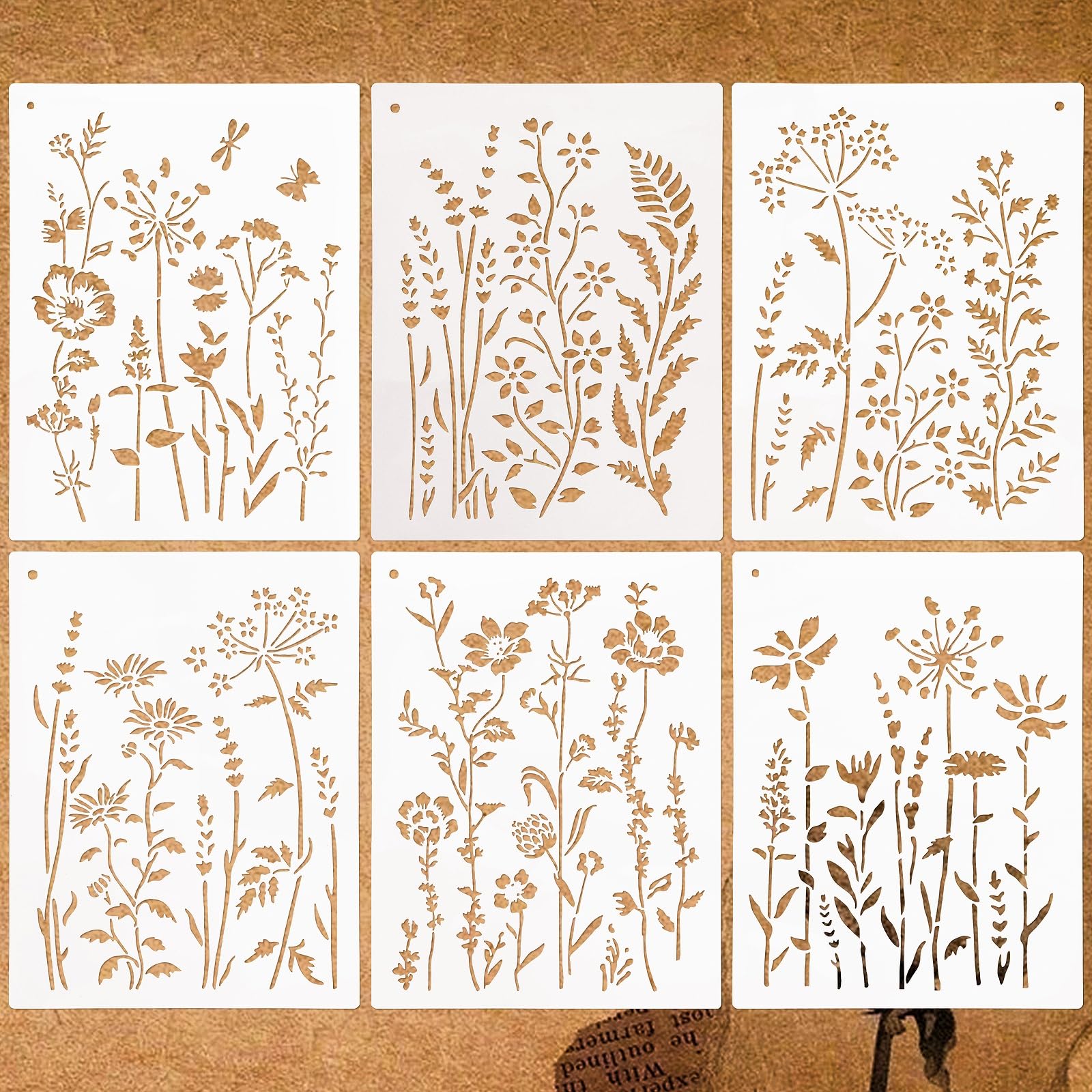 Pack of 6 Botanical Flower Stencils for Painting, Wildflower Stencils with Flower, Leaf, Large Reusable Stencil Crafts Drawing for Wood, Furniture, Spray Paint, DIY, Home Décor(6 PCS)