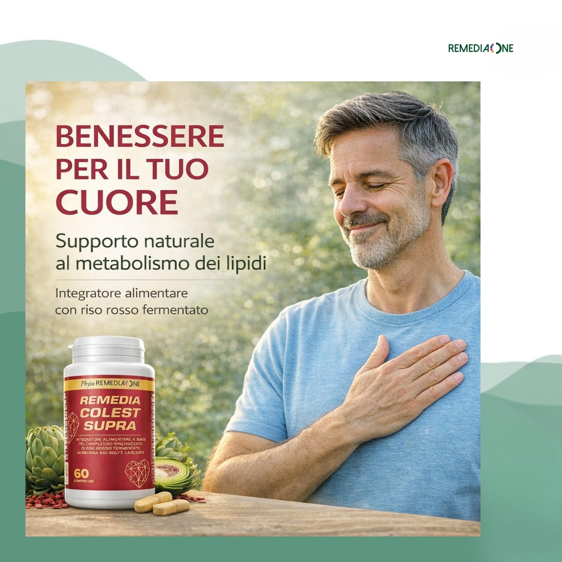 REMEDIA ONE Colest Supra - Integratore con Berberina Liposomiale e Riso Rosso Fermentato Colesterolo, Coenzima Q10, Carciofo, Melograno – 60 Compresse
