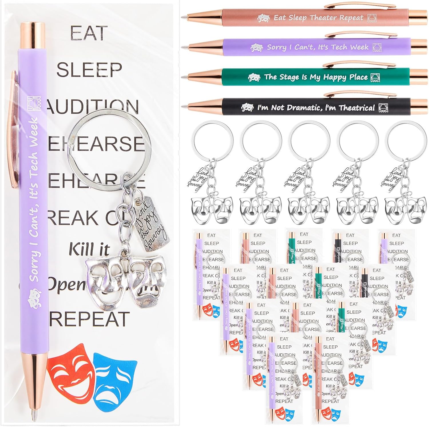 Sayglossy 24 Set Theater Gifts Drama Mask Keychain Ballpoint Pen with Quotes Comedy Tragedy Mask Theatre Keychain Performer Theatre Lover Gift for Women Men Friends Actors