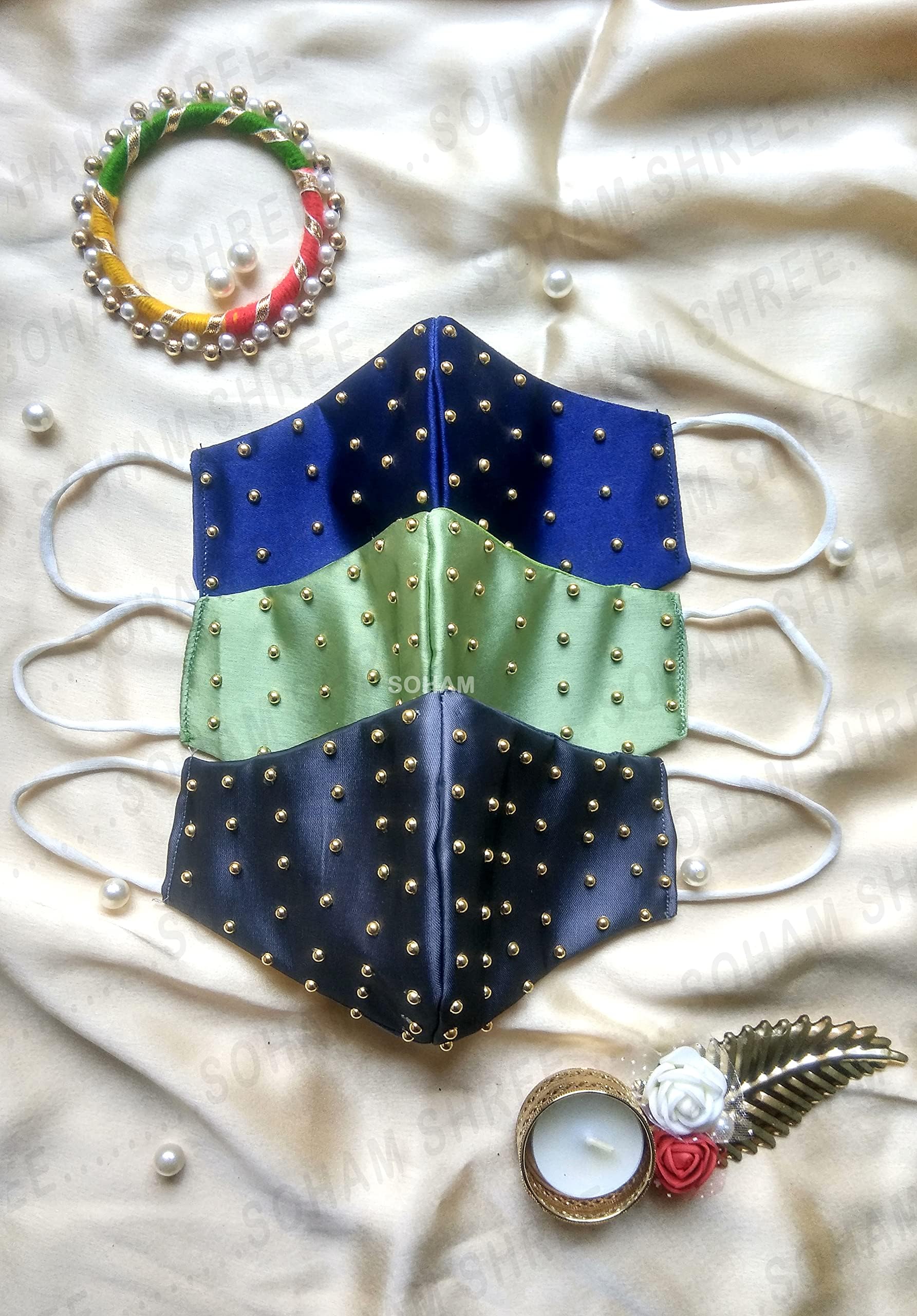 WEDDING SPECIAL Cloth Face Mask - Washable Light Weight Satin - Cotton Masks (GREEN-BLUE-GRAY COMBO)-image-31