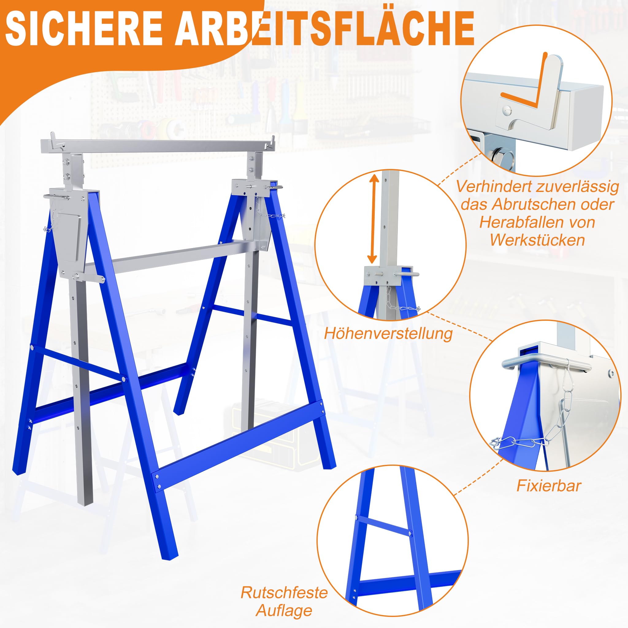 LARS360 Caballetes de trabajo ajustables y plegables, 2 unidades | Capacidad de carga de 150 kg, pies de goma antideslizantes, 7 posiciones, construcción estable, para taller, garaje y obras