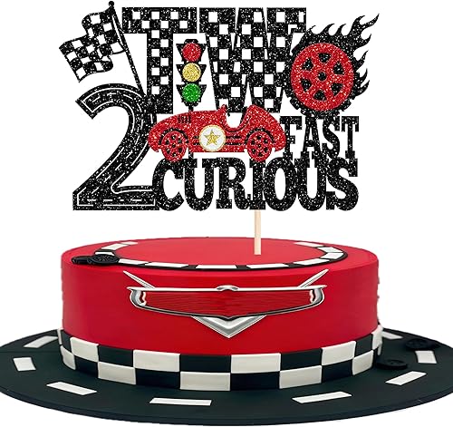 Vista 10 de 1 paquete de dos decoraciones rápidas para tartas de auto de carreras de 2º cumpleaños, bandera a cuadros, decoración temática de niños o niñas de 2