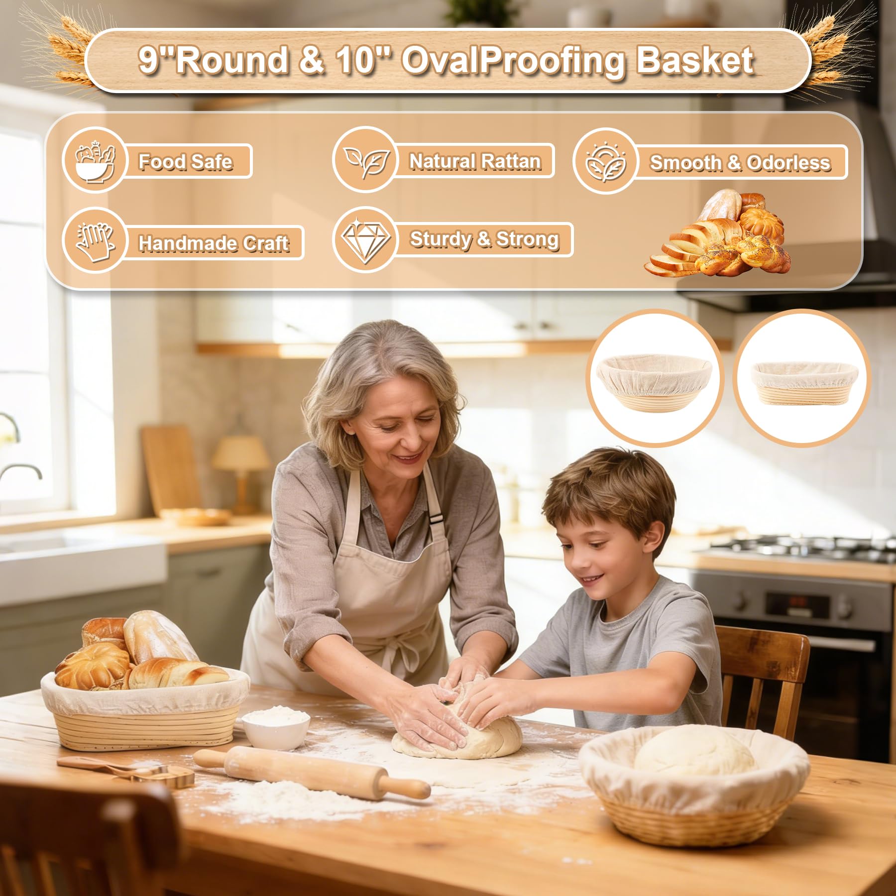 Cestino per Lievitazione del Pane Set,23 cm, Rotondi e 25 cm, Ovali, 100% Rattan Naturale, con Raschietto per Impasto, Inserto in Lino, Frusta per Pasta e Pane Zoppo, Accessorio