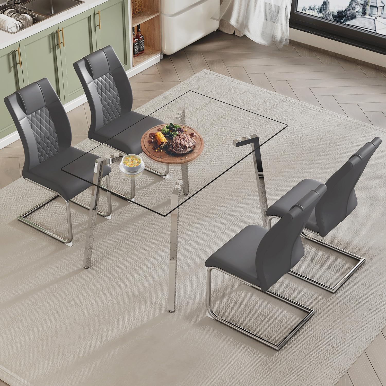 Modern 4-Piece Dining Set - Glass Top Table & 4 White Faux Leather Chairs, Chrome Legs, 51" Kitchen Table
