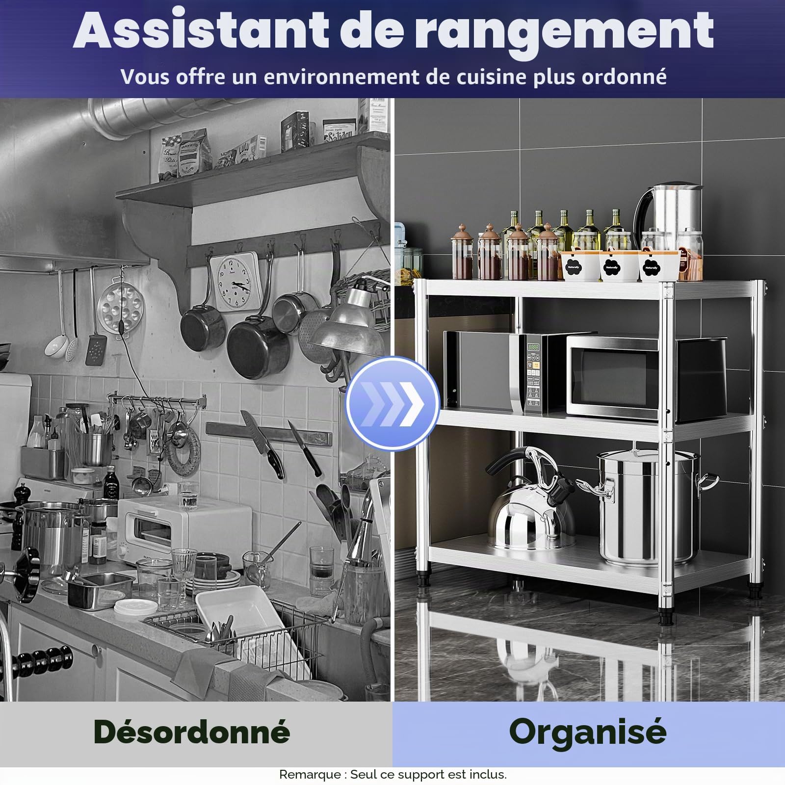 3 Niveaux Étagère de Cuisine,Etagère Rangement Acier Inoxydable,Etagere INOX Cuisine Professionnel,80x80x40cm Structure à Trois, Présentoir Multifonctionnel