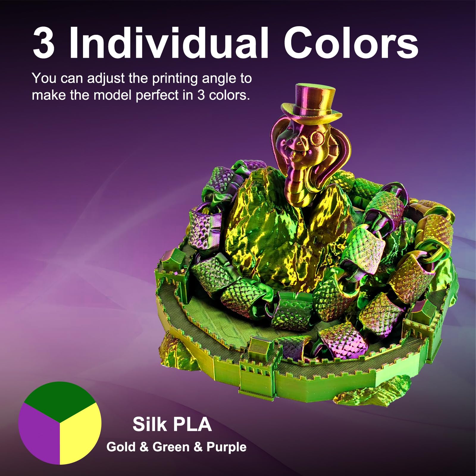 Filamento PLA in seta tricolore ERYONE 1,75 mm, filamento per stampante 3D PLA +/-0,03 mm 1 kg/bobina, seta oro verde viola