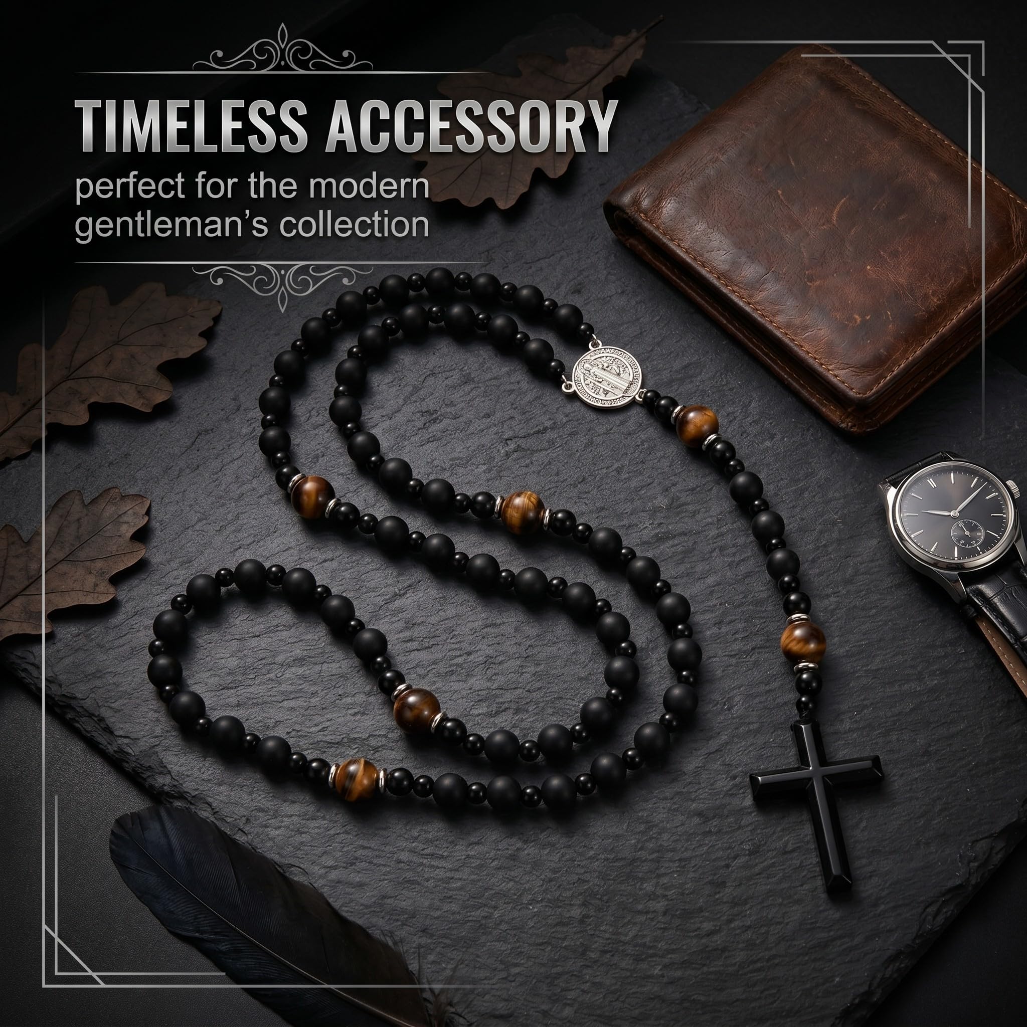 Rosario Cattolico con Pietra Vulcanica Nera Naturale, Collana Religiosa 65-70cm, Medaglia San Benedetto, Borsa Flanella