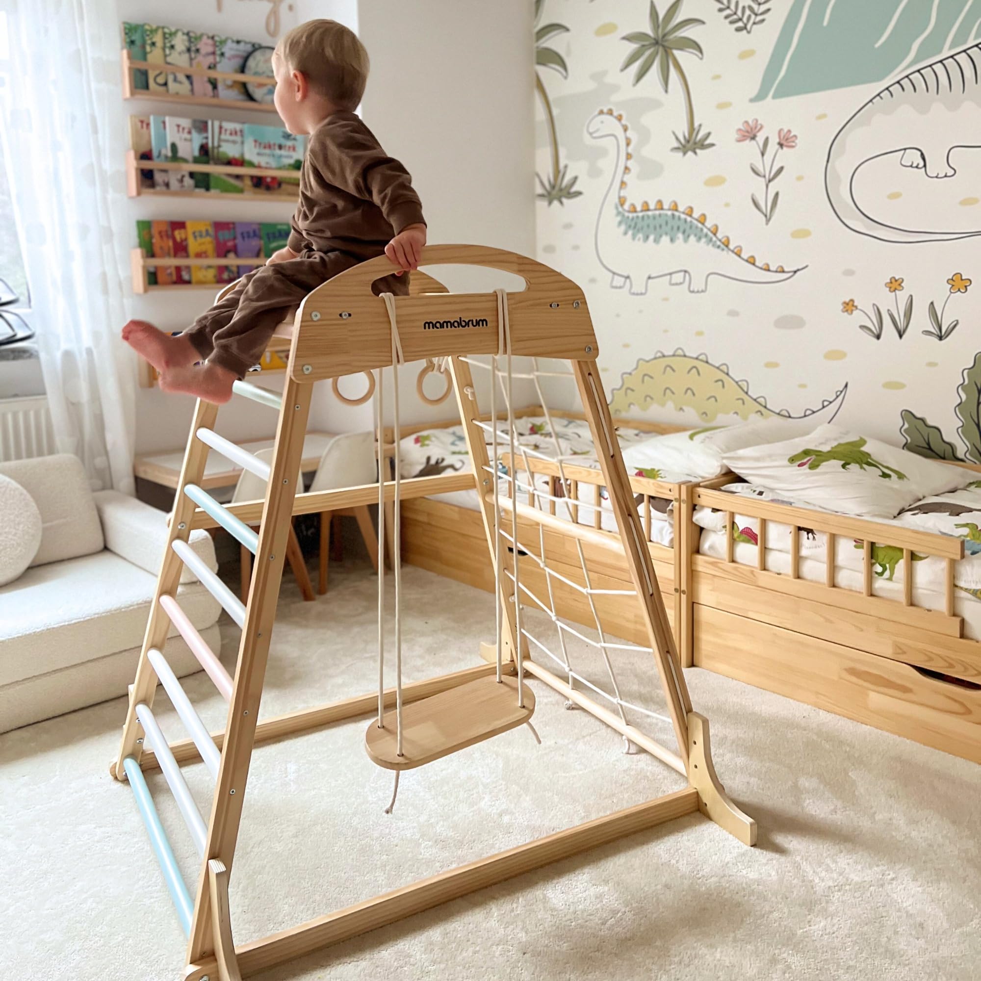 Mamabrum Aire de Jeux intérieure en Bois pour Enfants avec balançoire, Anneaux de Gymnastique et Filet d’Escalade – Ensemble Sportif Multifonctionnel pour la Maison