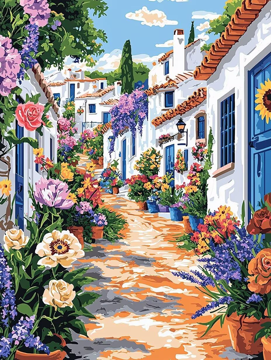Vista di strada floreale Dipingere con i Numeri per Adulti, 70x90cm a-494 | Paint by Numbers Kit con Pennelli e Acrilico Pigmento, Fai da te Olio La Pittura di Numeri Kit, Decora la Casa, senza Cornice