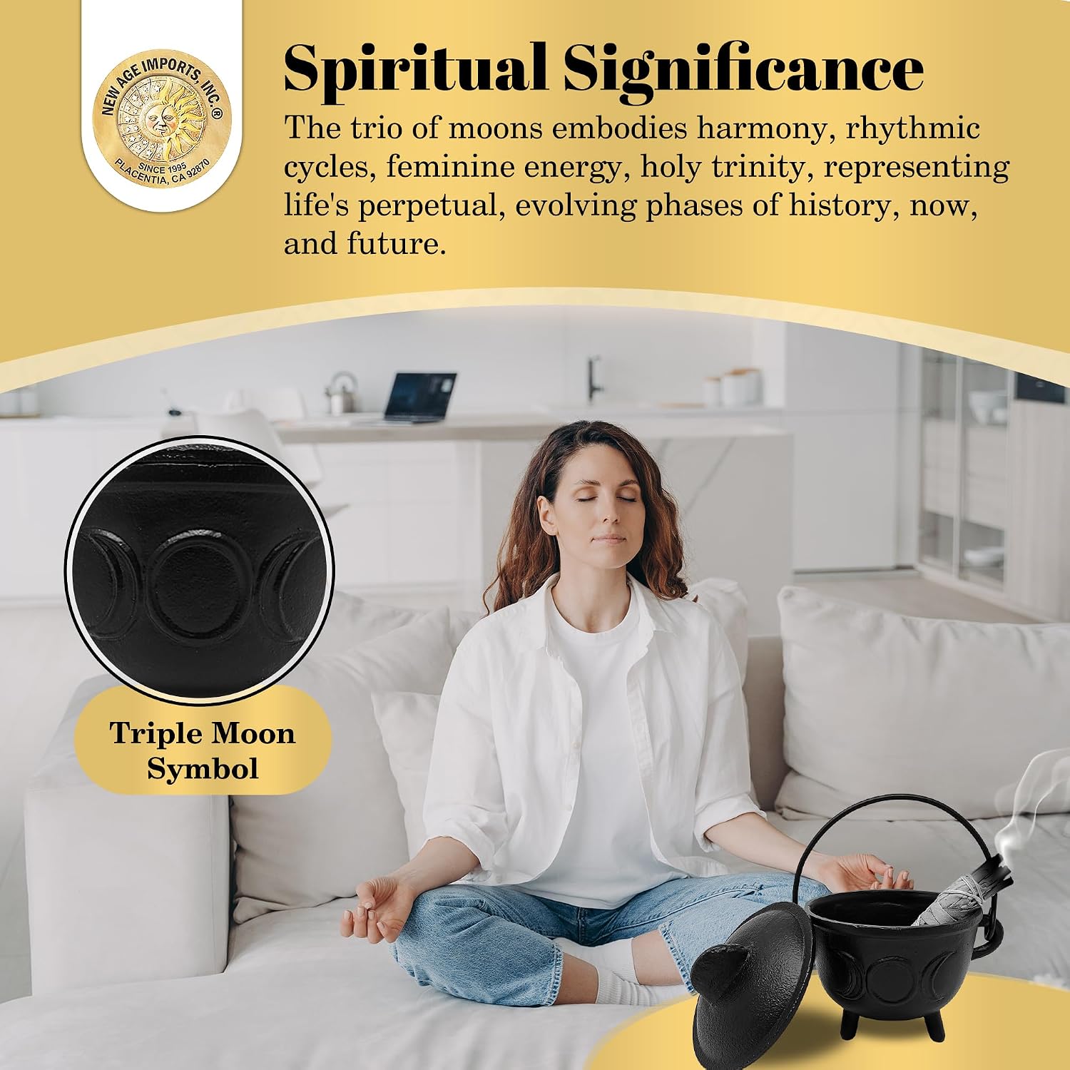 New Age Imports, Inc. Triple Moon Cast Iron Cauldron w/Handle & lid, Ideal for smudging, Incense Burning, Ritual Purpose, Decoration, Halloween Decoration, Candle Holder, etc. (Triple Moon - BR91)