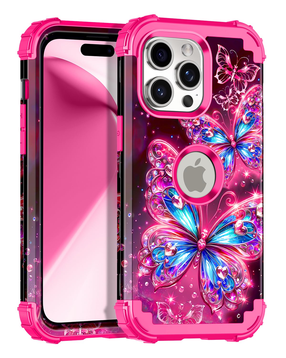 Miqala Compatible with iPhone 15 Pro Max Case,Glow in The Dark Three Layer Heavy Duty Shockproof Full Protection Hard Plastic Bumper+Soft Silicone