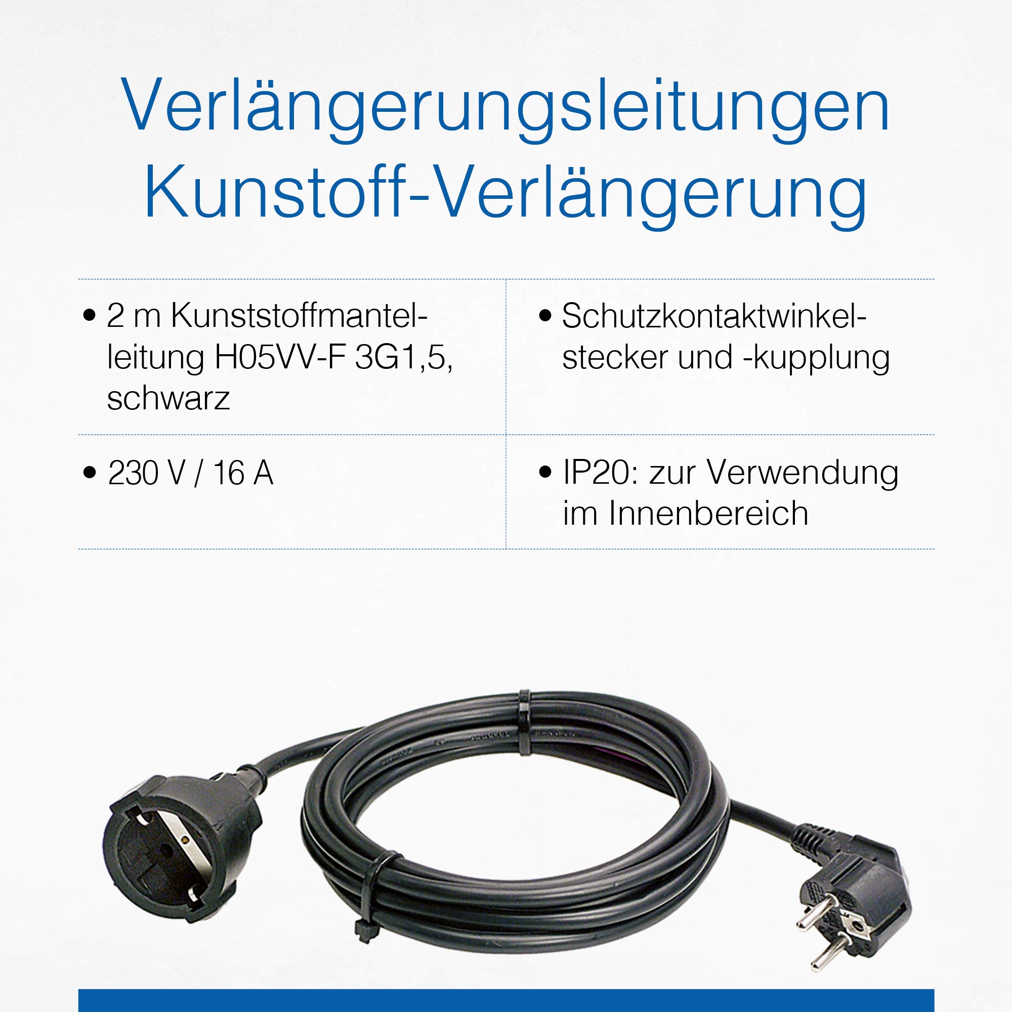 as - Schwabe alargador de Cables 2 m H05VV-F 3G1,5 - Cable de extensión 230 V / 16 A / 3.500 W - Enchufe y Enchufe Hembra con Toma de Tierra - protección contra cuerpos extraños IP20 - Negro, 50202 — view 3